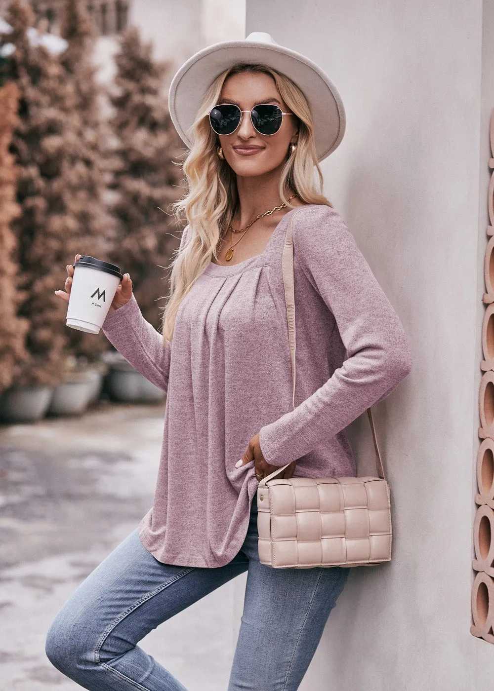 Women Long Sleeve Shirts Lightweight Crew Neck Casual Tunic Tops 8 Colors