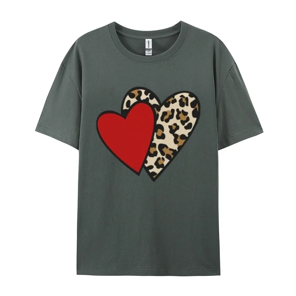Women Love Leopard Heart Valentine's Day Print  Graphic T-shirt