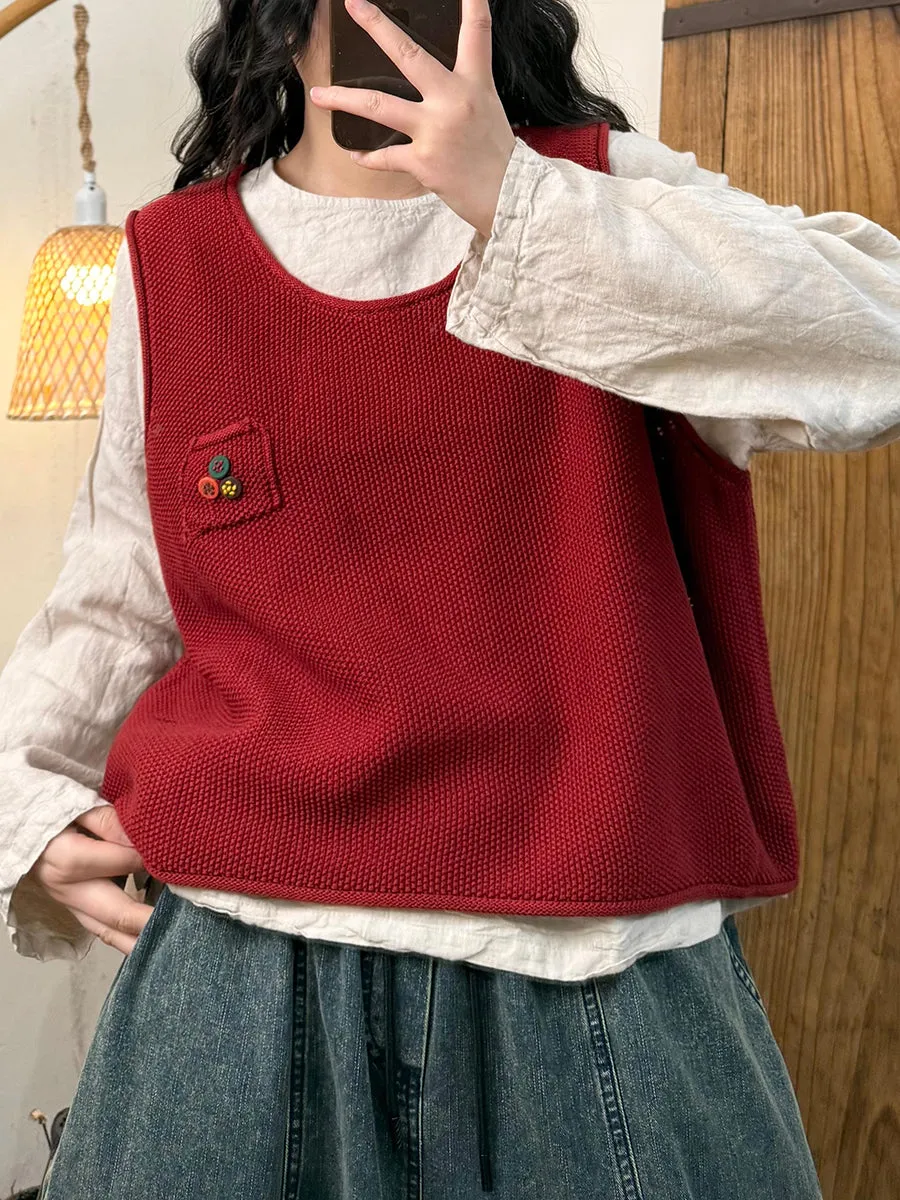 Women Spring Casual O-Neck Button Knit Vest