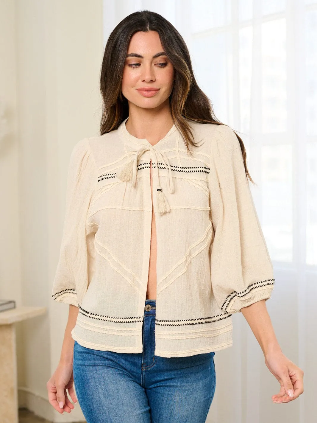 WOMEN'S 3/4 SLEEVE OPEN FRONT SELF TASSEL TIE TOP