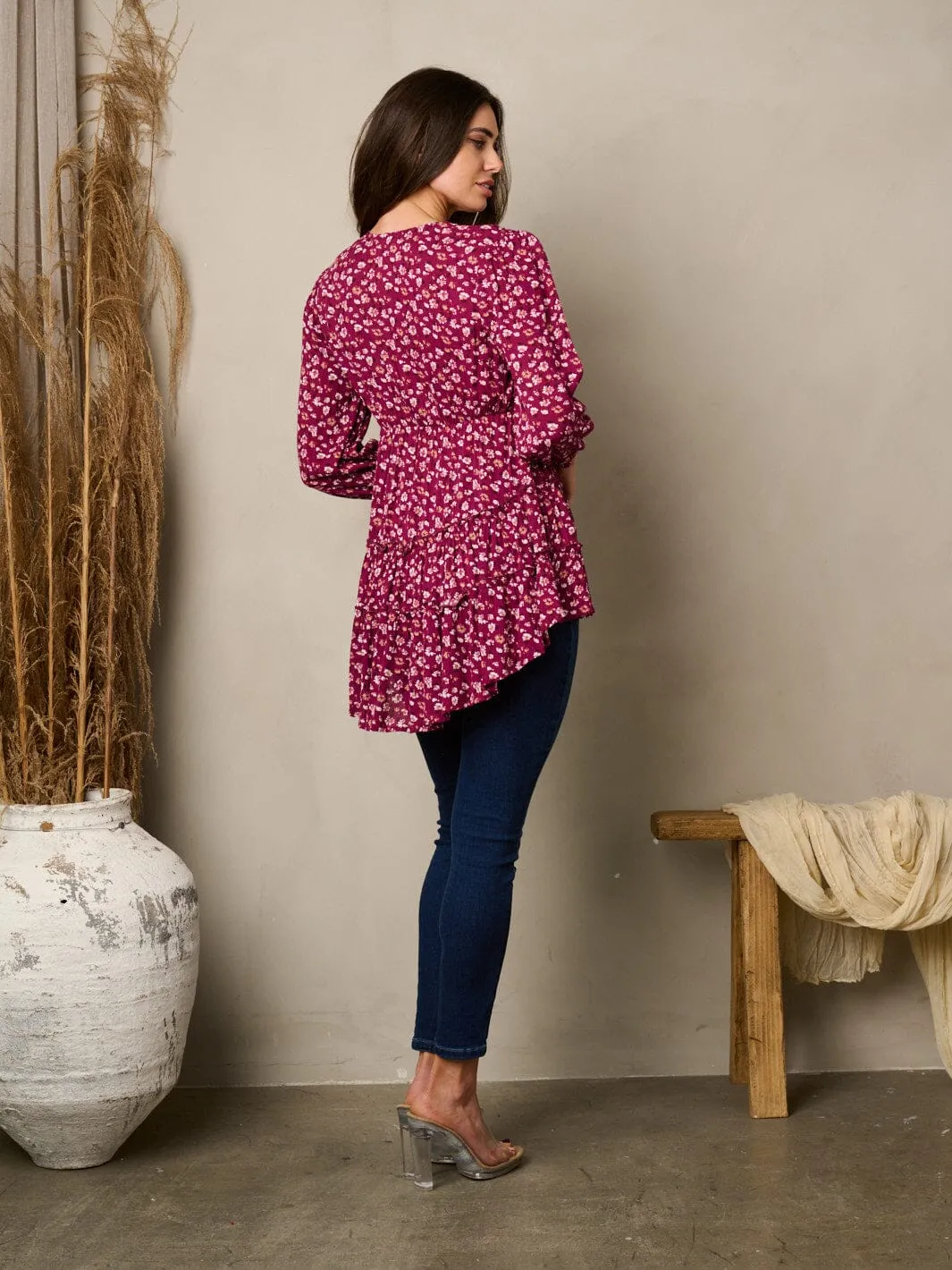 WOMEN'S 3/4 SLEEVES V-NECK HIGH-LOW FLORAL TUNIC TOP