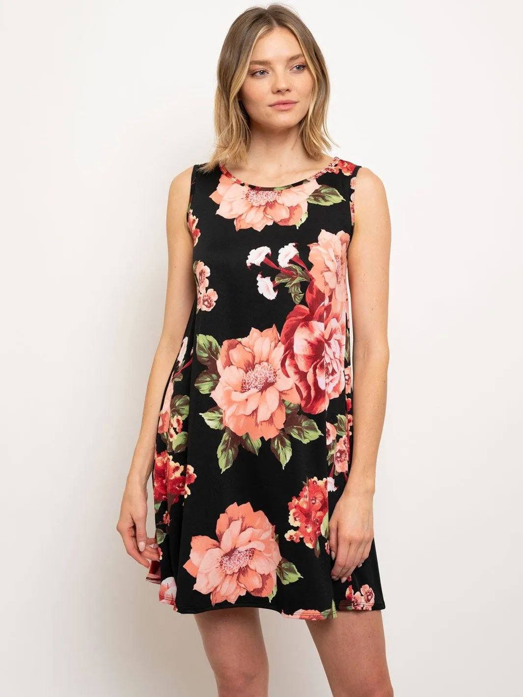 WOMEN'S BLACK FLORAL TUNIC DRESS