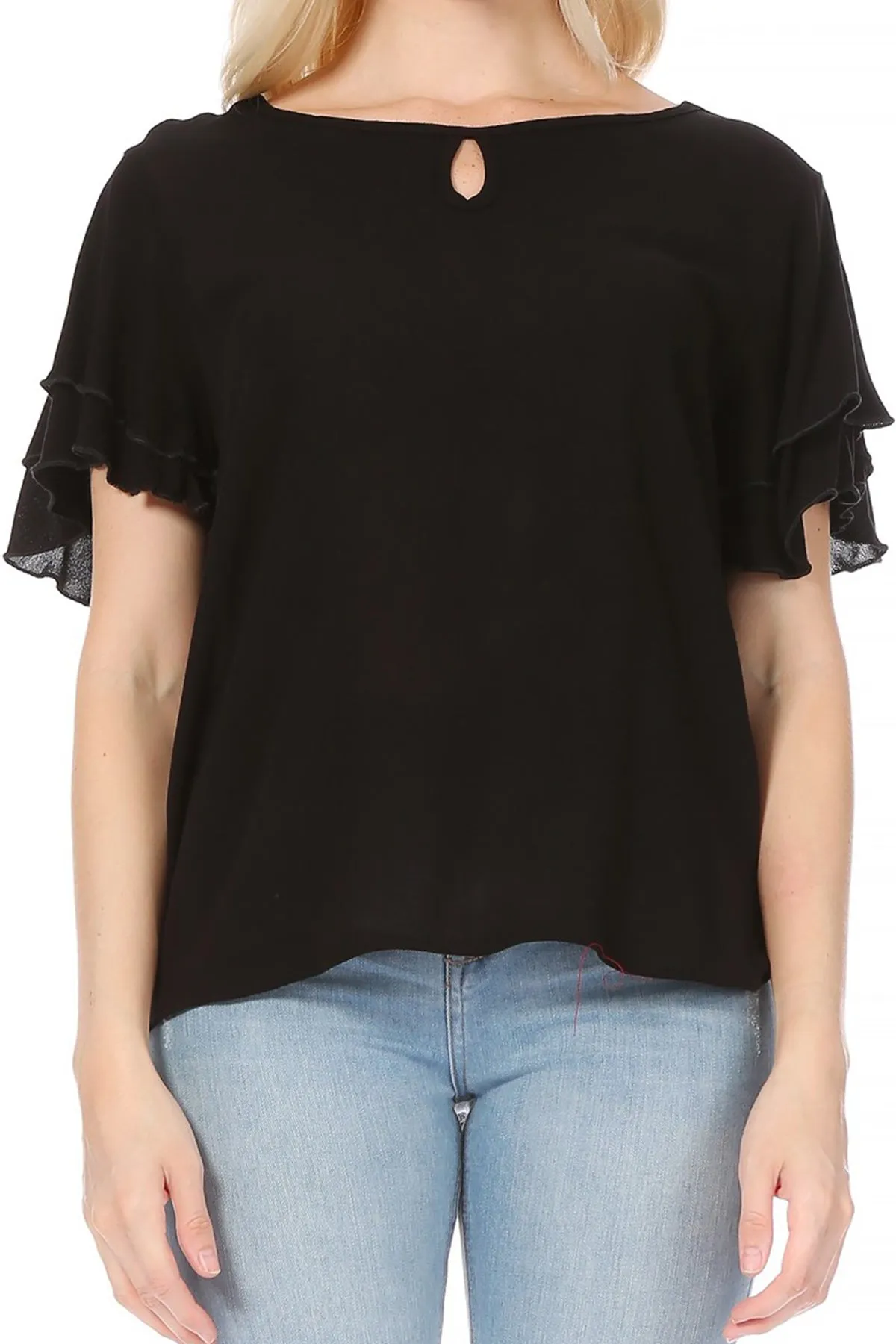 Women's Casual Flowy Short Flutter Sleeve Round Neck Key Hole Blouse Top