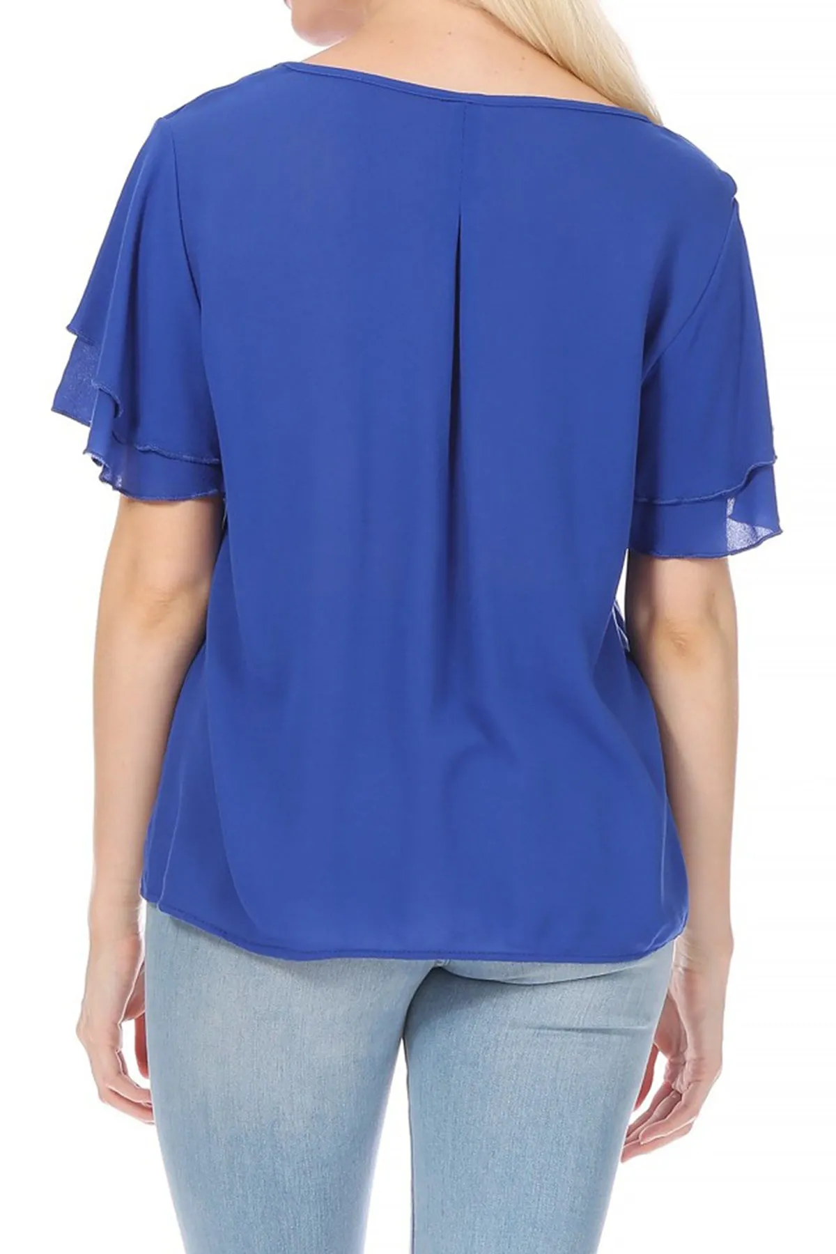Women's Casual Flowy Short Flutter Sleeve Round Neck Key Hole Blouse Top