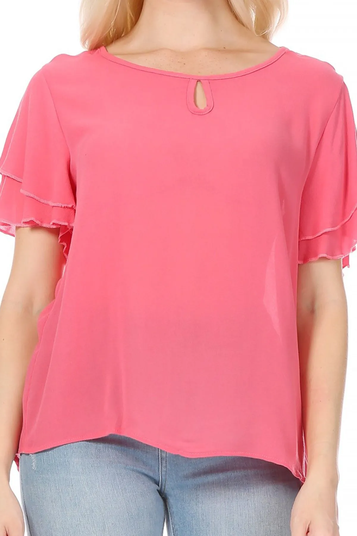 Women's Casual Flowy Short Flutter Sleeve Round Neck Key Hole Blouse Top