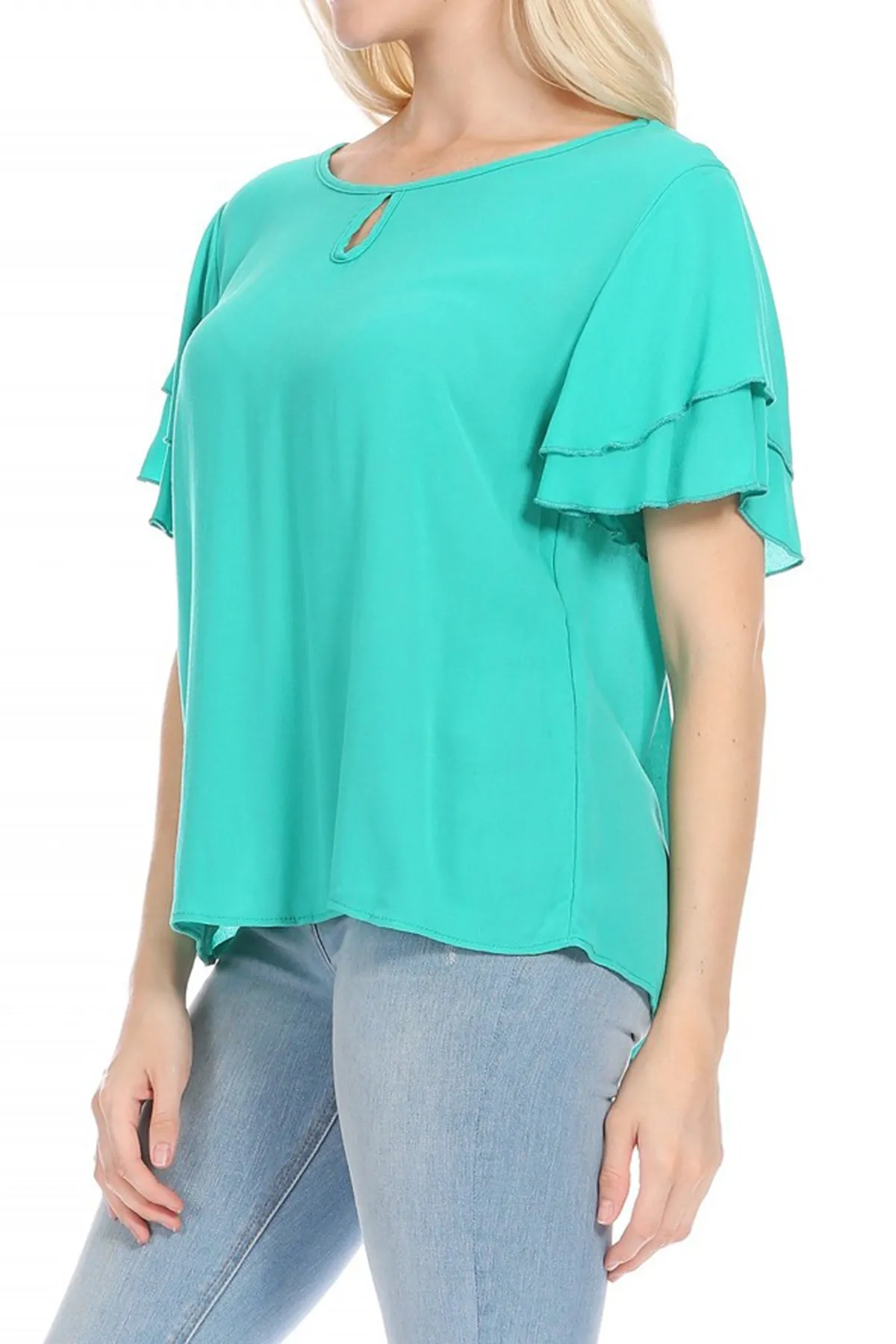Women's Casual Flowy Short Flutter Sleeve Round Neck Key Hole Blouse Top
