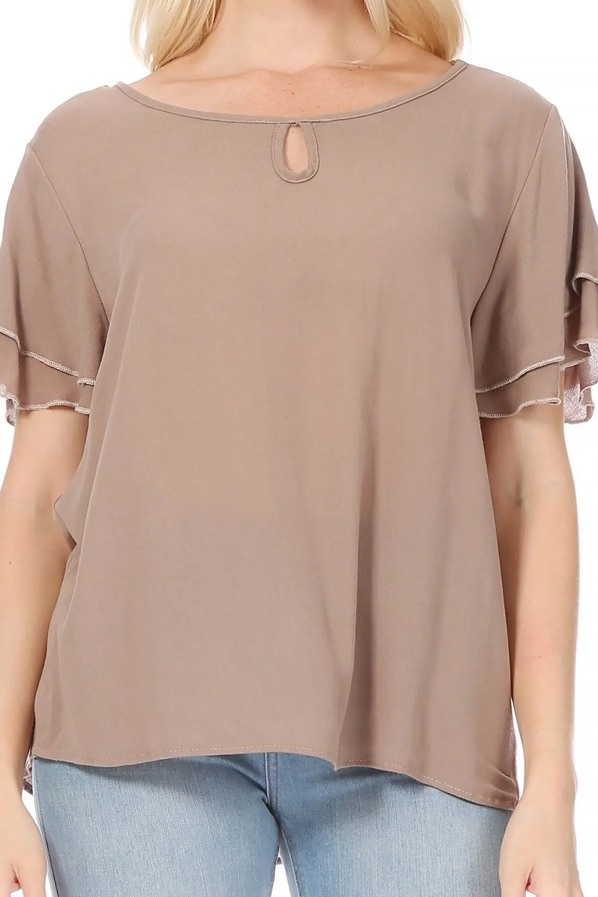 Women's Casual Flowy Short Flutter Sleeve Round Neck Key Hole Blouse Top