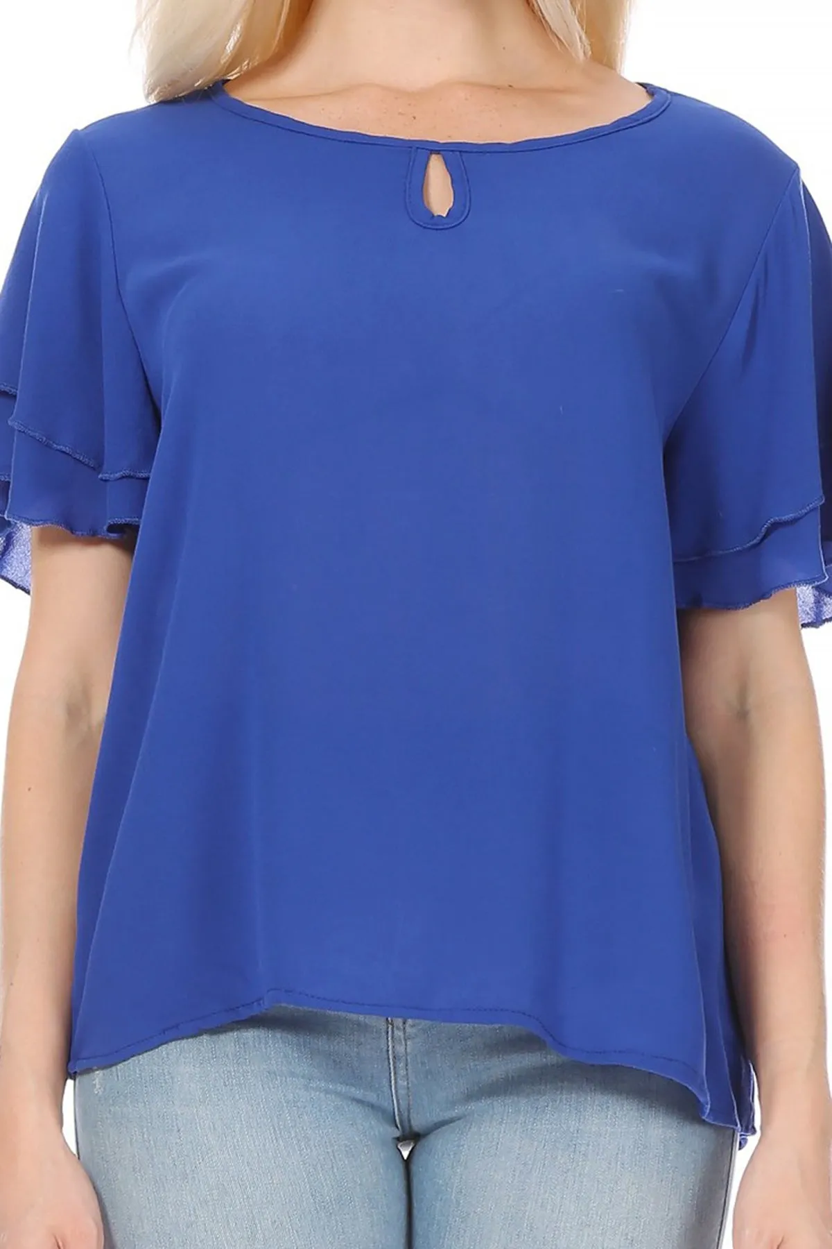 Women's Casual Flowy Short Flutter Sleeve Round Neck Key Hole Blouse Top