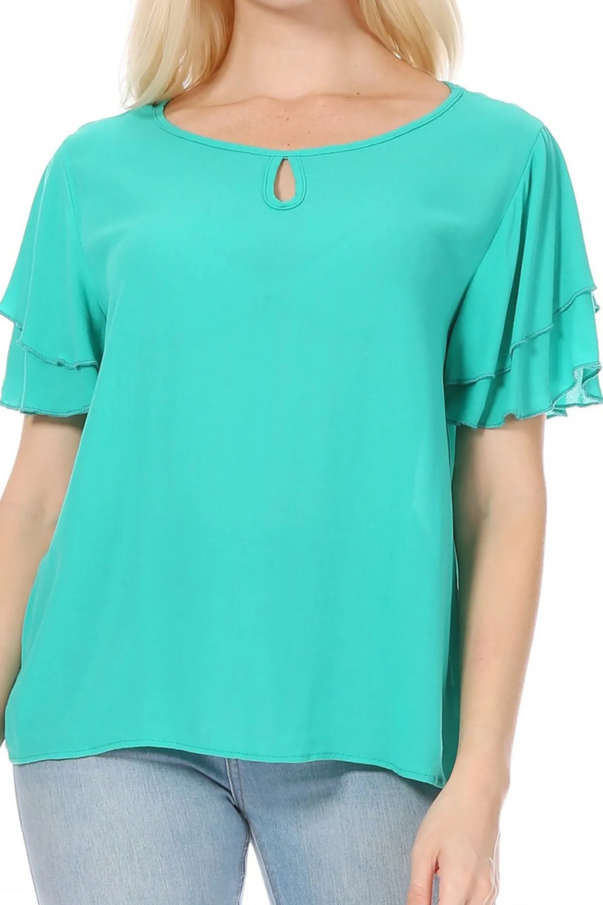 Women's Casual Flowy Short Flutter Sleeve Round Neck Key Hole Blouse Top