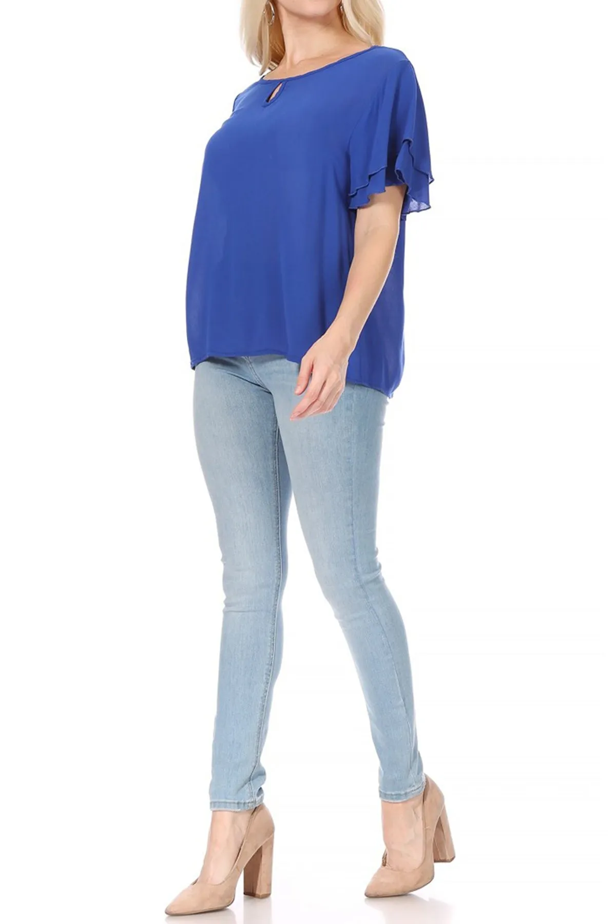 Women's Casual Flowy Short Flutter Sleeve Round Neck Key Hole Blouse Top