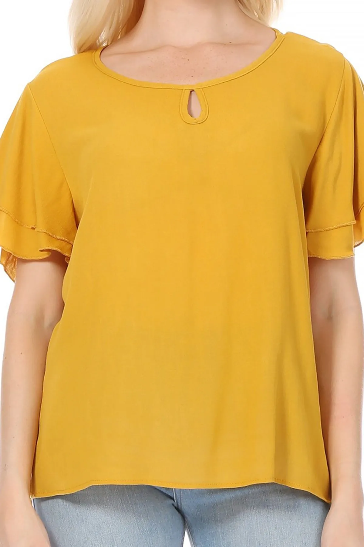 Women's Casual Flowy Short Flutter Sleeve Round Neck Key Hole Blouse Top