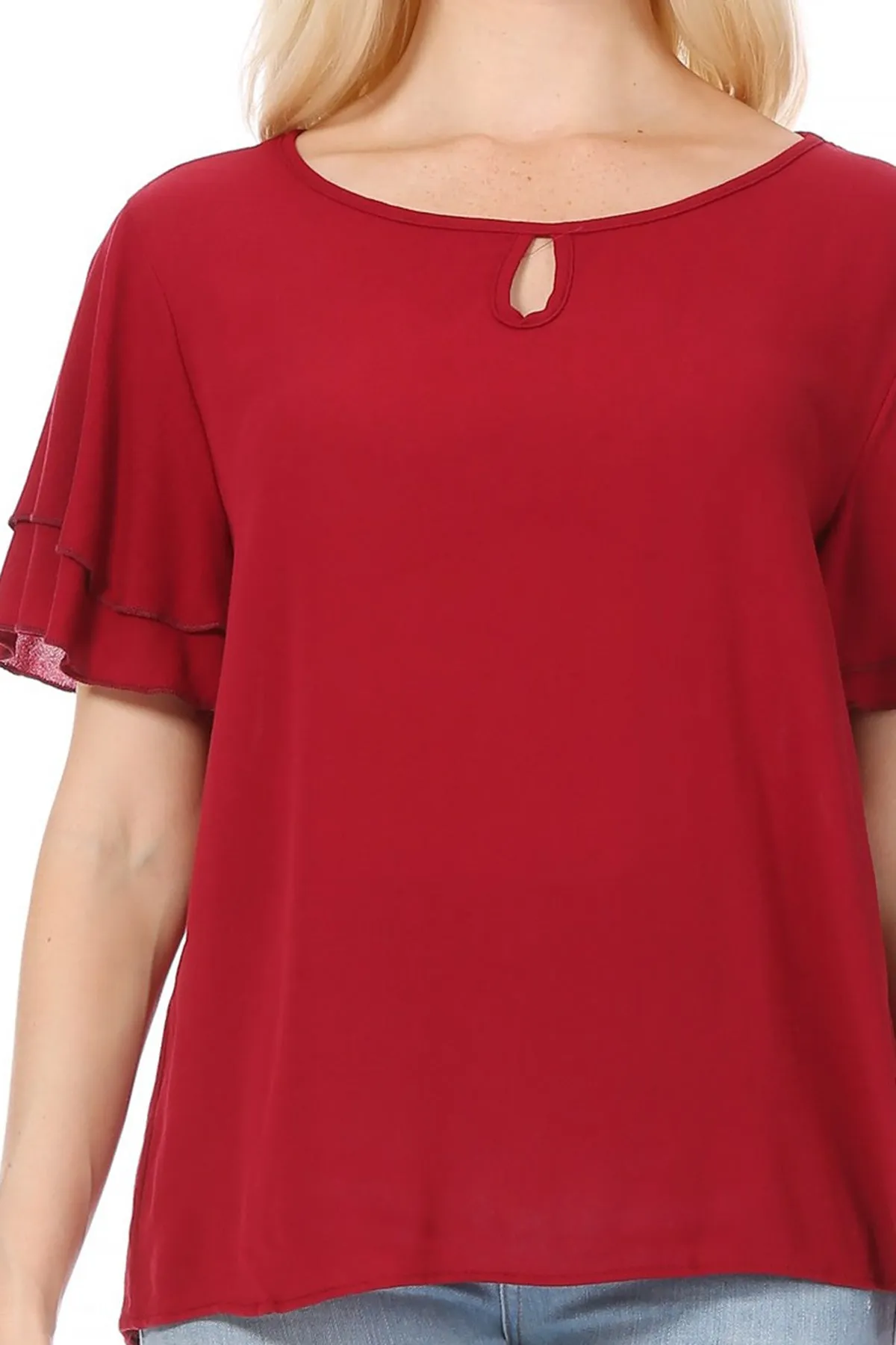 Women's Casual Flowy Short Flutter Sleeve Round Neck Key Hole Blouse Top