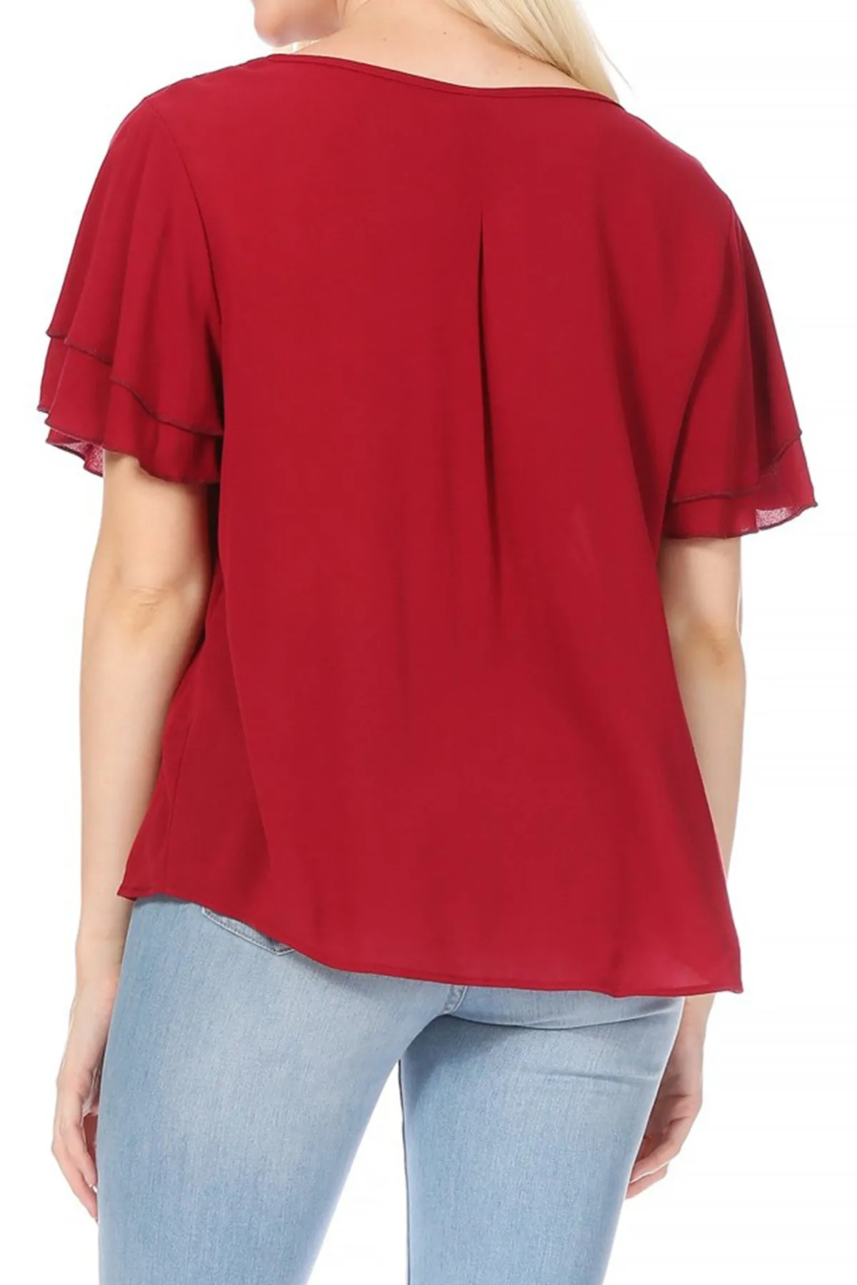Women's Casual Flowy Short Flutter Sleeve Round Neck Key Hole Blouse Top