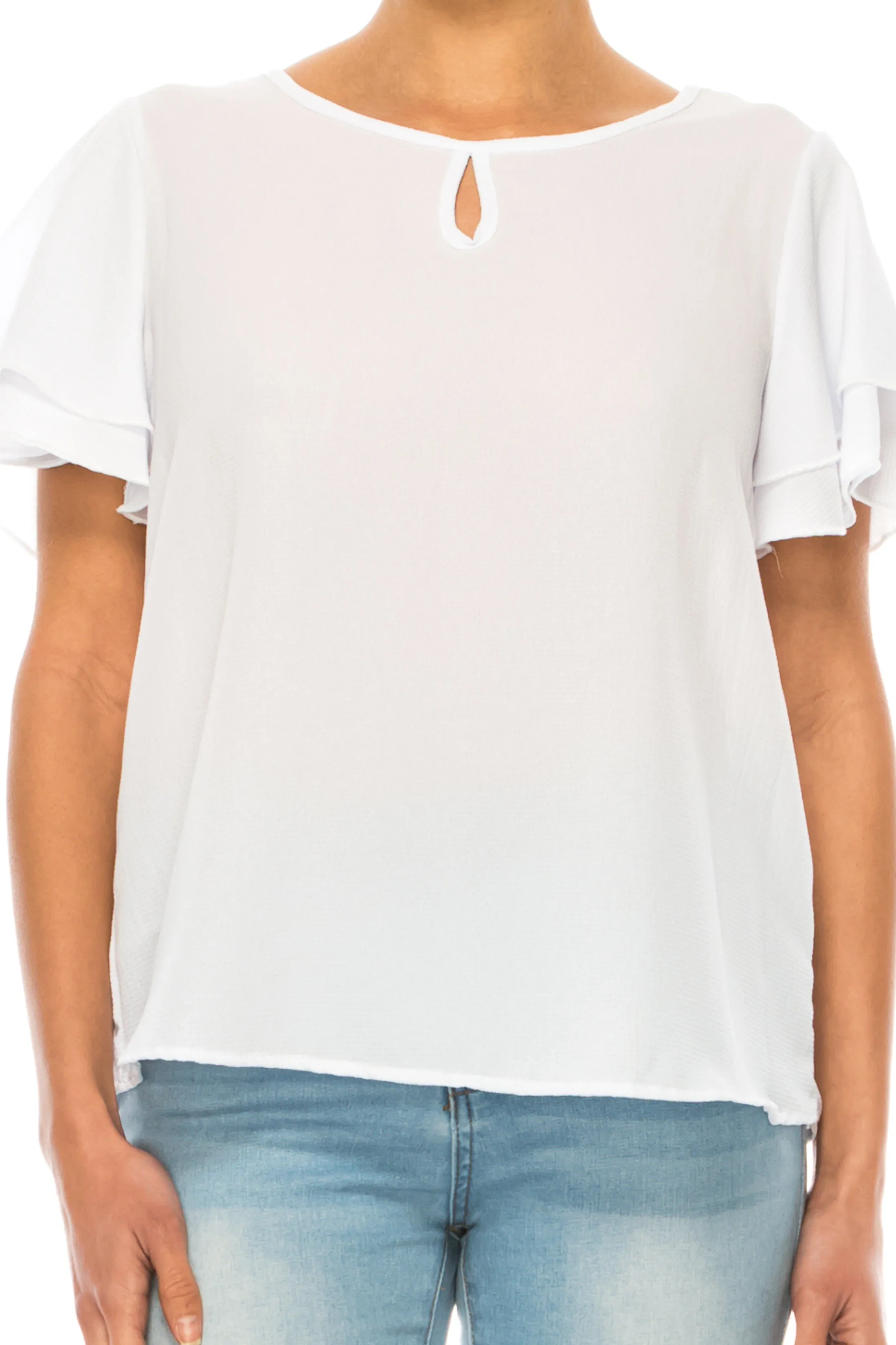 Women's Casual Flowy Short Flutter Sleeve Round Neck Key Hole Blouse Top