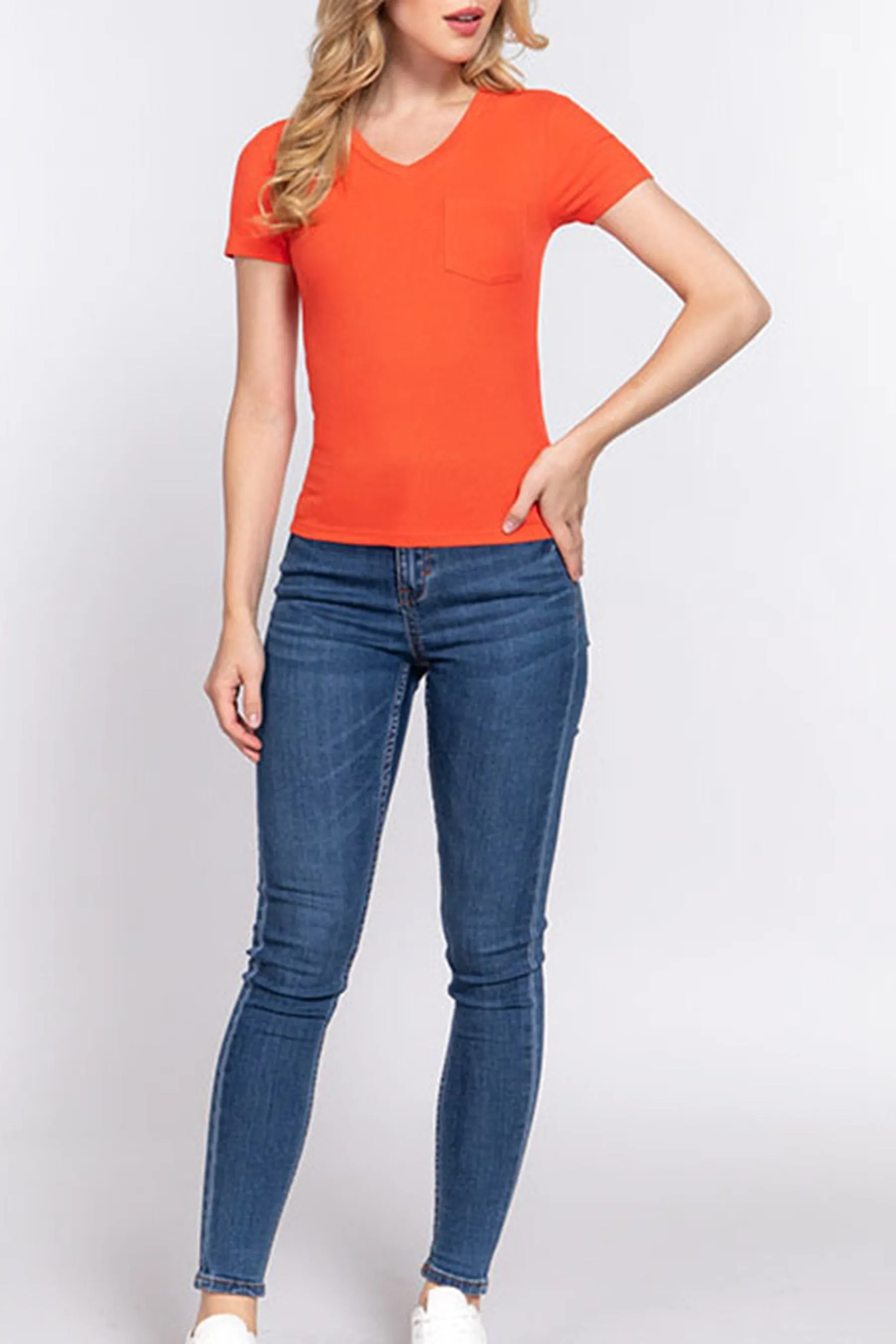 Women's Casual Short Sleeve Solid V-Neck W/Pocket Rib Top