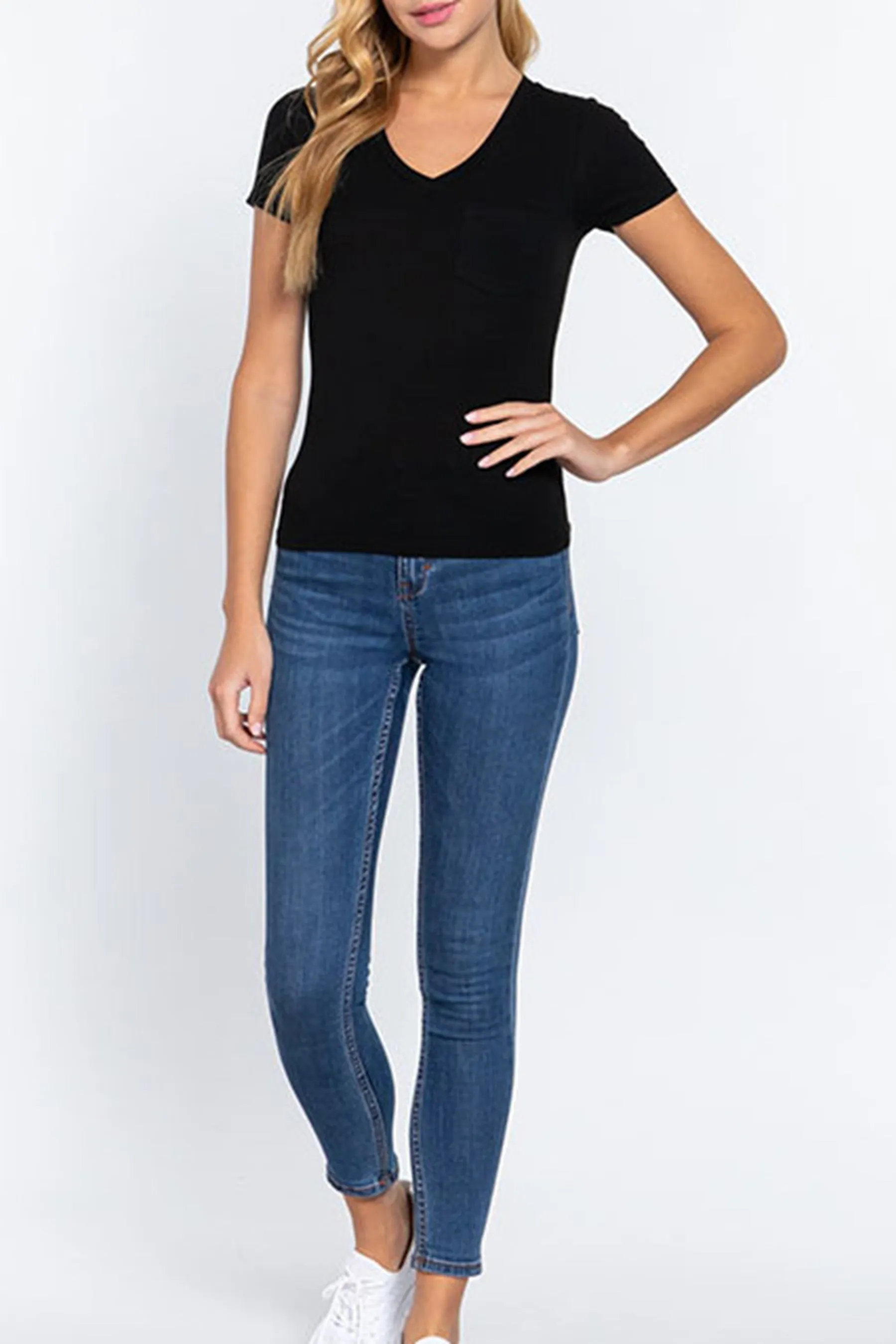 Women's Casual Short Sleeve Solid V-Neck W/Pocket Rib Top