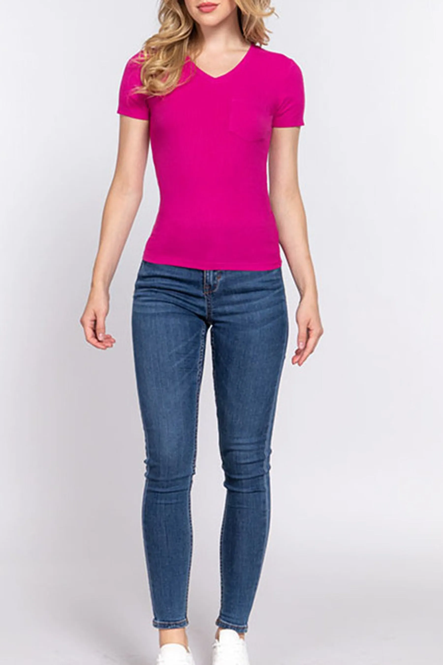 Women's Casual Short Sleeve Solid V-Neck W/Pocket Rib Top