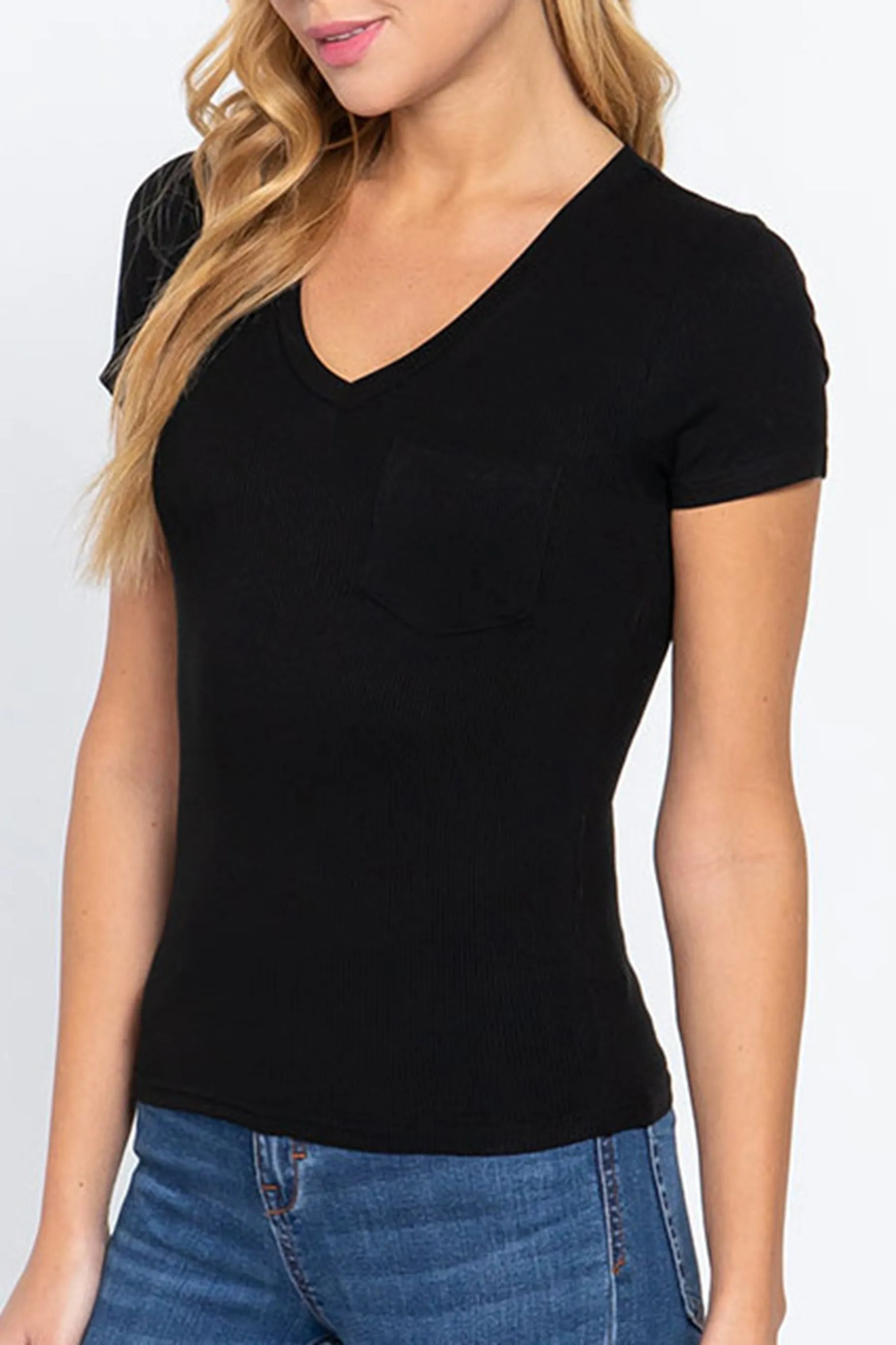 Women's Casual Short Sleeve Solid V-Neck W/Pocket Rib Top