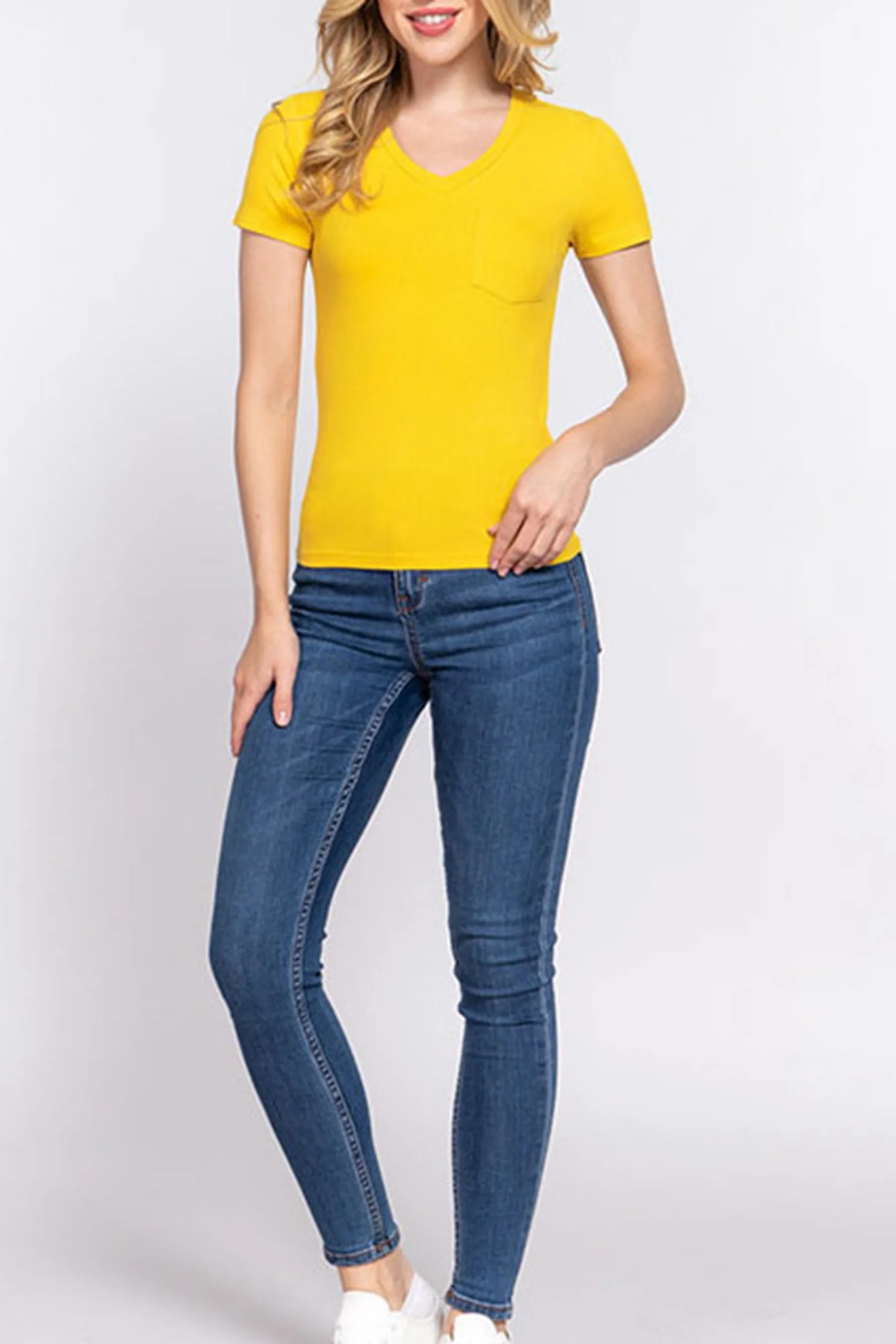 Women's Casual Short Sleeve Solid V-Neck W/Pocket Rib Top