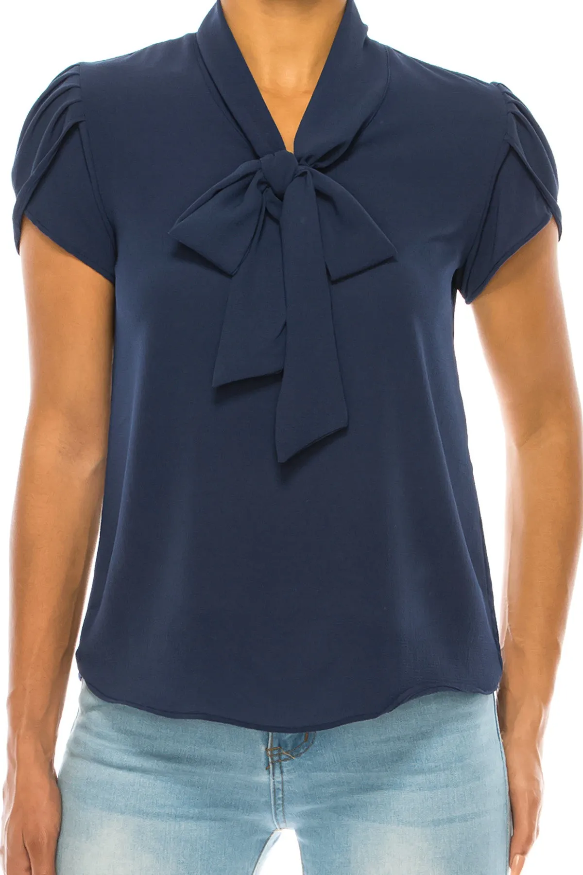 Women's Casual Solid Petal Sleeve Bow Tie Neck Short Sleeve Blouse Shirt Top