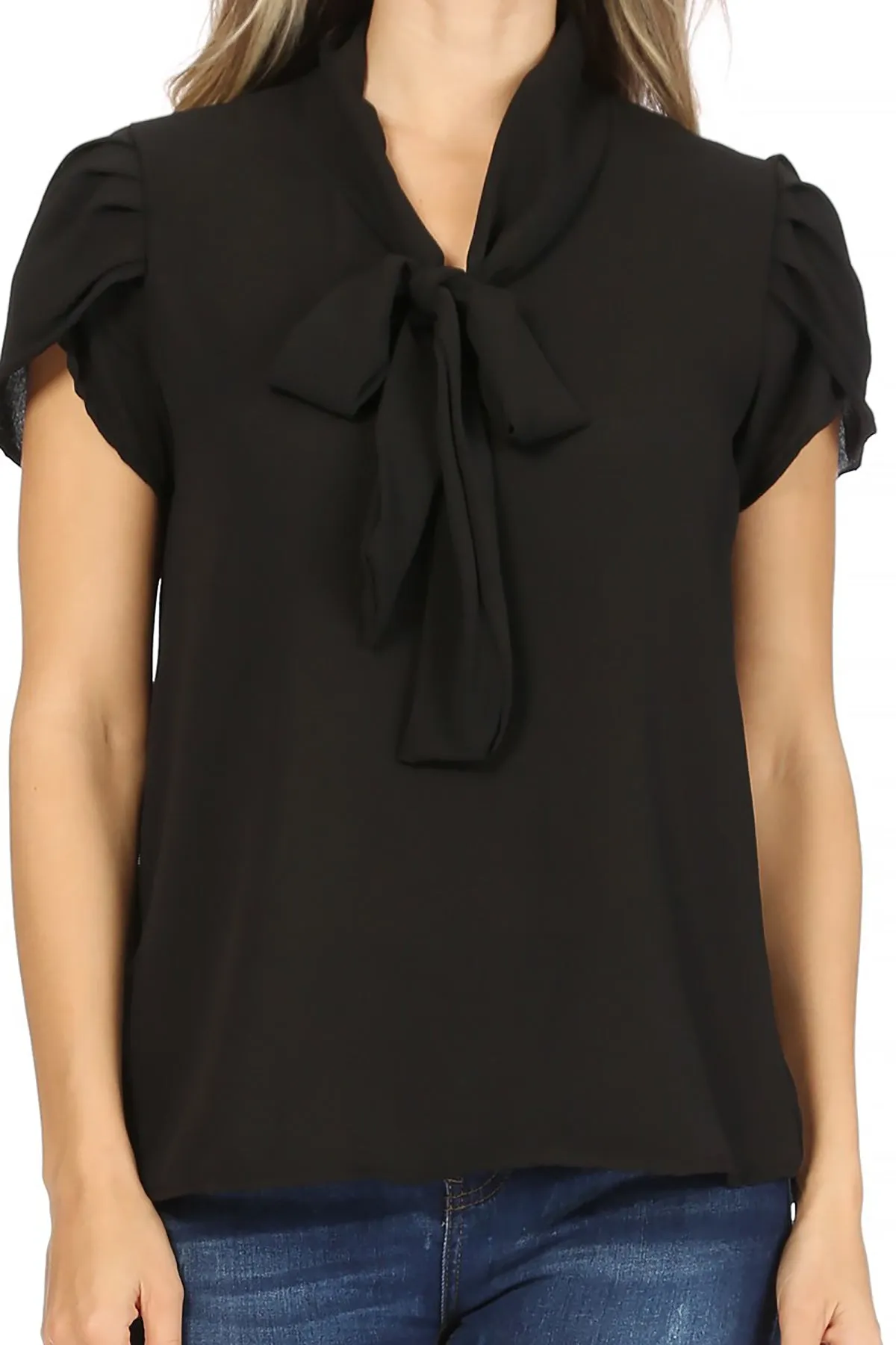Women's Casual Solid Petal Sleeve Bow Tie Neck Short Sleeve Blouse Shirt Top