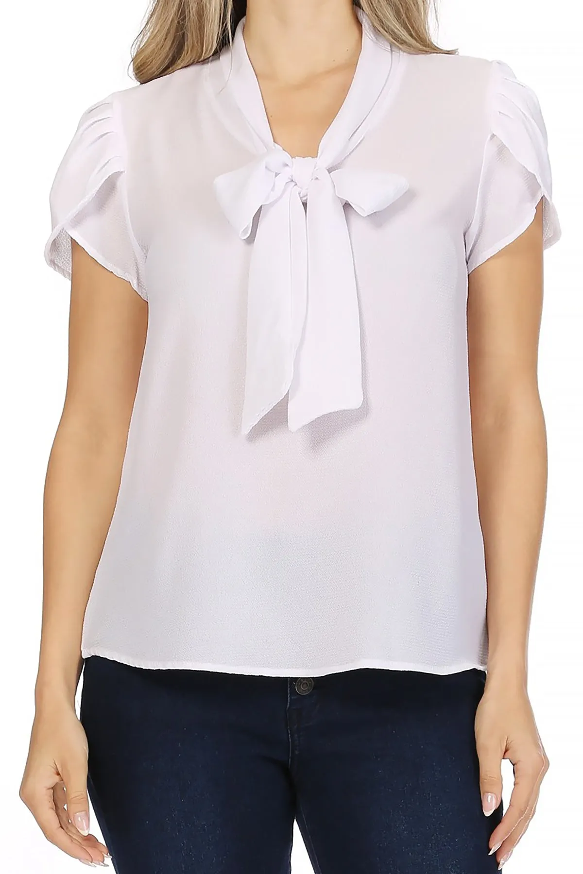 Women's Casual Solid Petal Sleeve Bow Tie Neck Short Sleeve Blouse Shirt Top