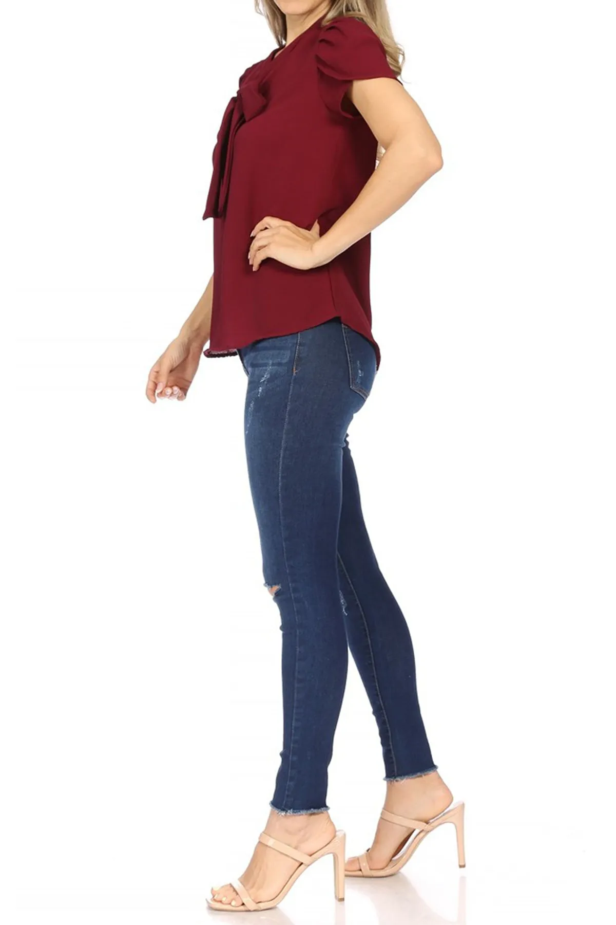 Women's Casual Solid Petal Sleeve Bow Tie Neck Short Sleeve Blouse Shirt Top