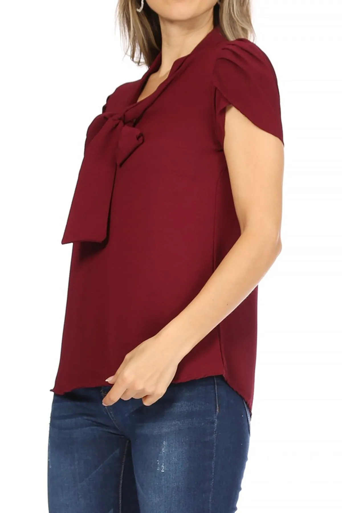 Women's Casual Solid Petal Sleeve Bow Tie Neck Short Sleeve Blouse Shirt Top