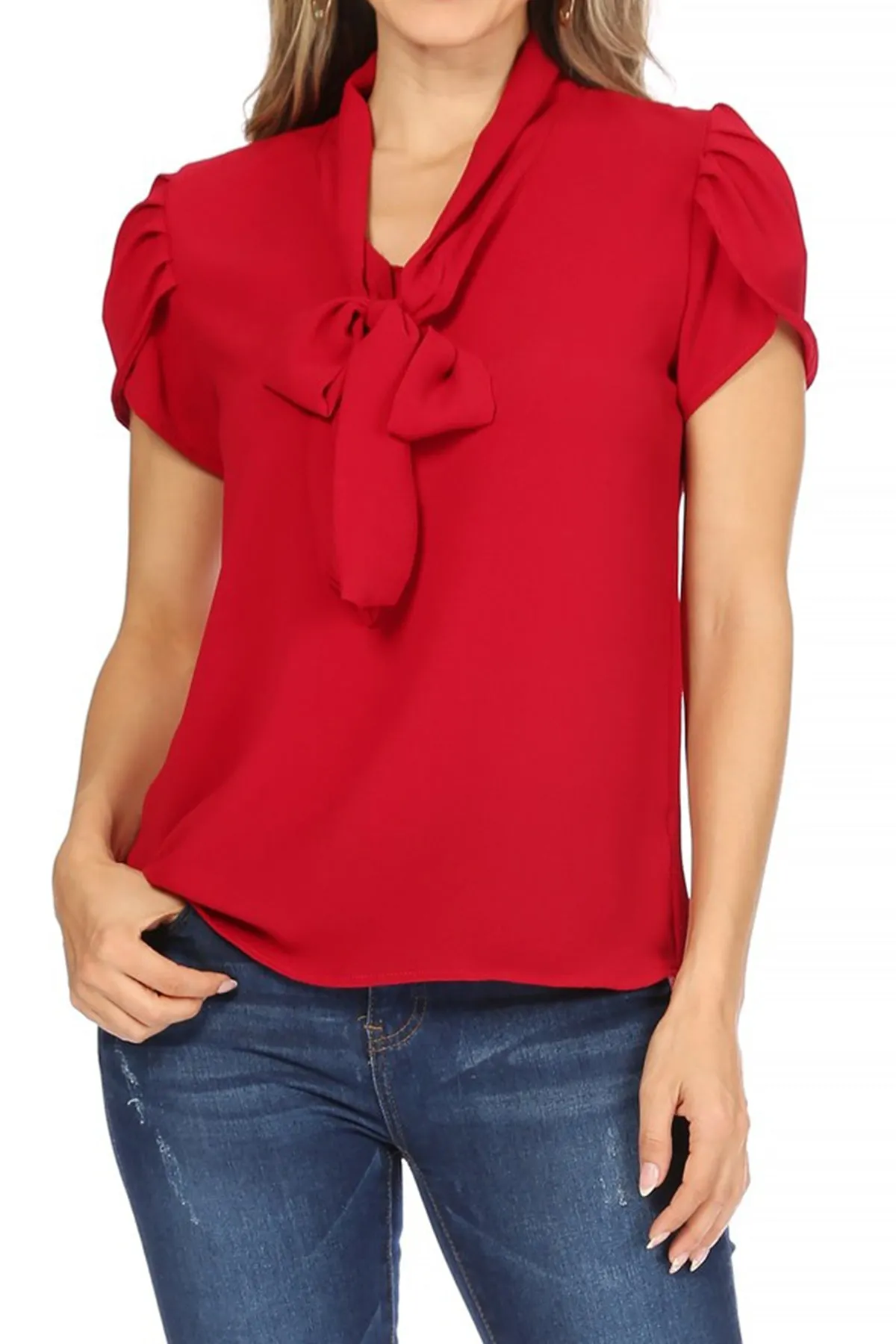 Women's Casual Solid Petal Sleeve Bow Tie Neck Short Sleeve Blouse Shirt Top