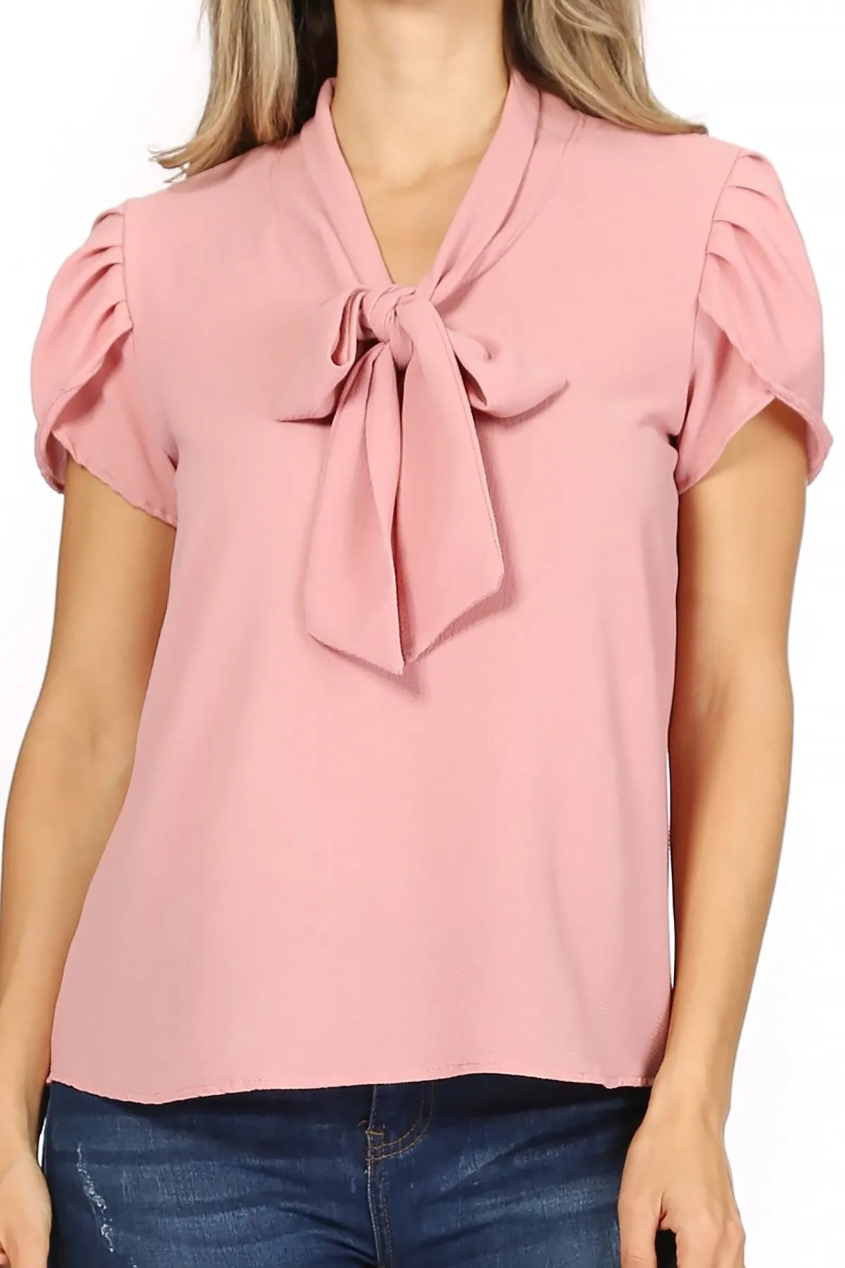 Women's Casual Solid Petal Sleeve Bow Tie Neck Short Sleeve Blouse Shirt Top