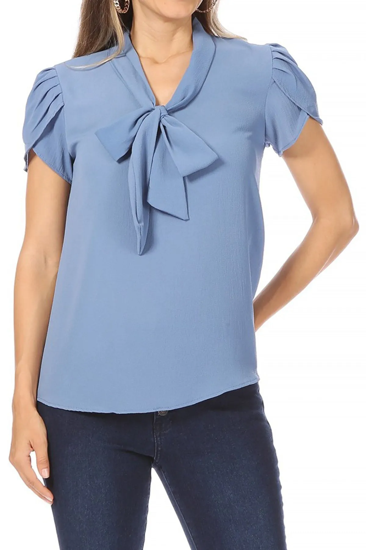 Women's Casual Solid Petal Sleeve Bow Tie Neck Short Sleeve Blouse Shirt Top