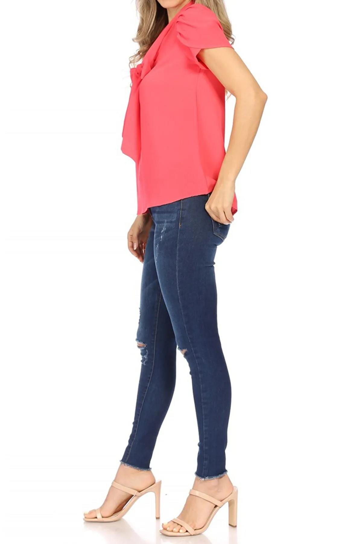 Women's Casual Solid Petal Sleeve Bow Tie Neck Short Sleeve Blouse Shirt Top