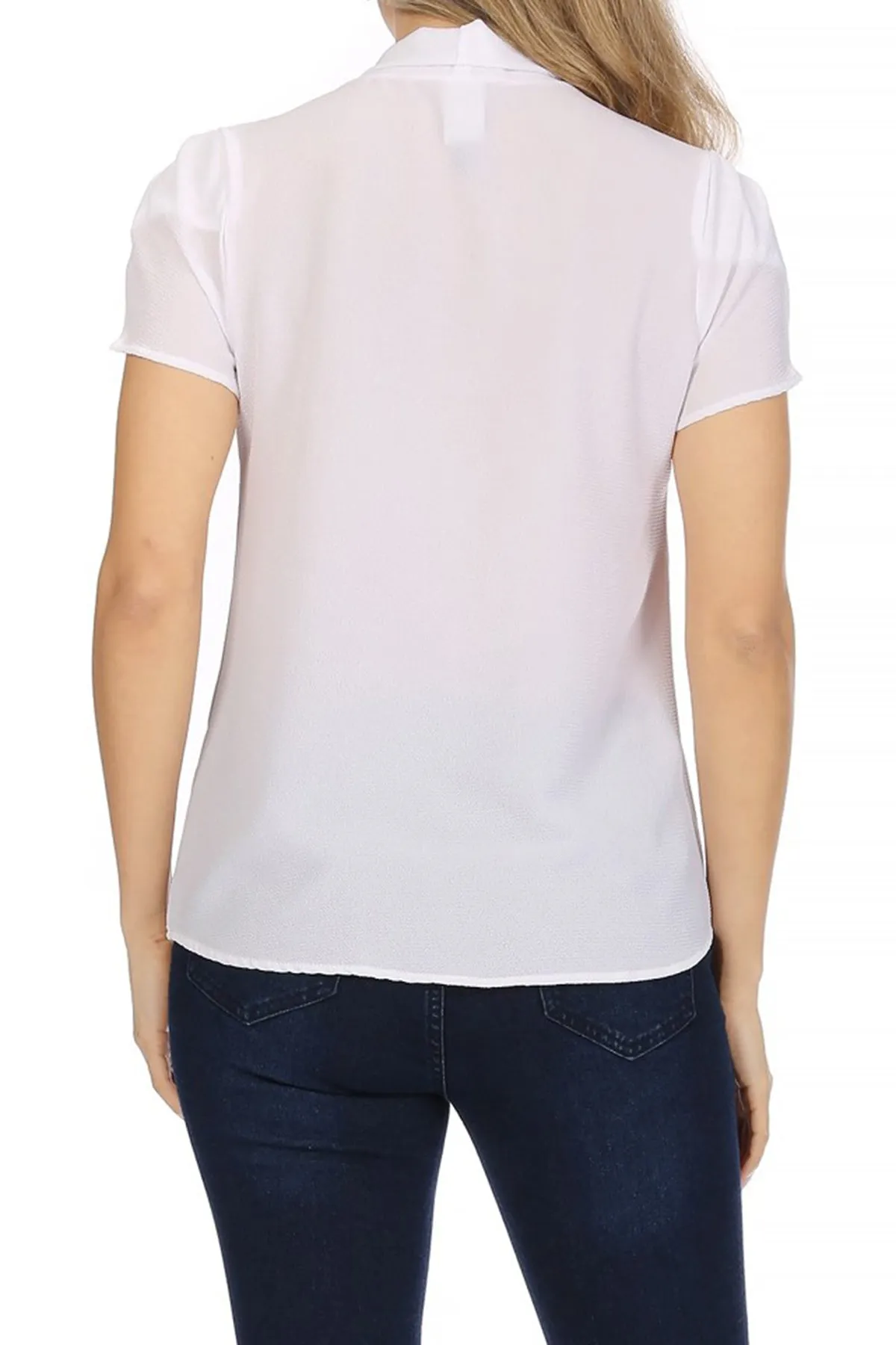 Women's Casual Solid Petal Sleeve Bow Tie Neck Short Sleeve Blouse Shirt Top