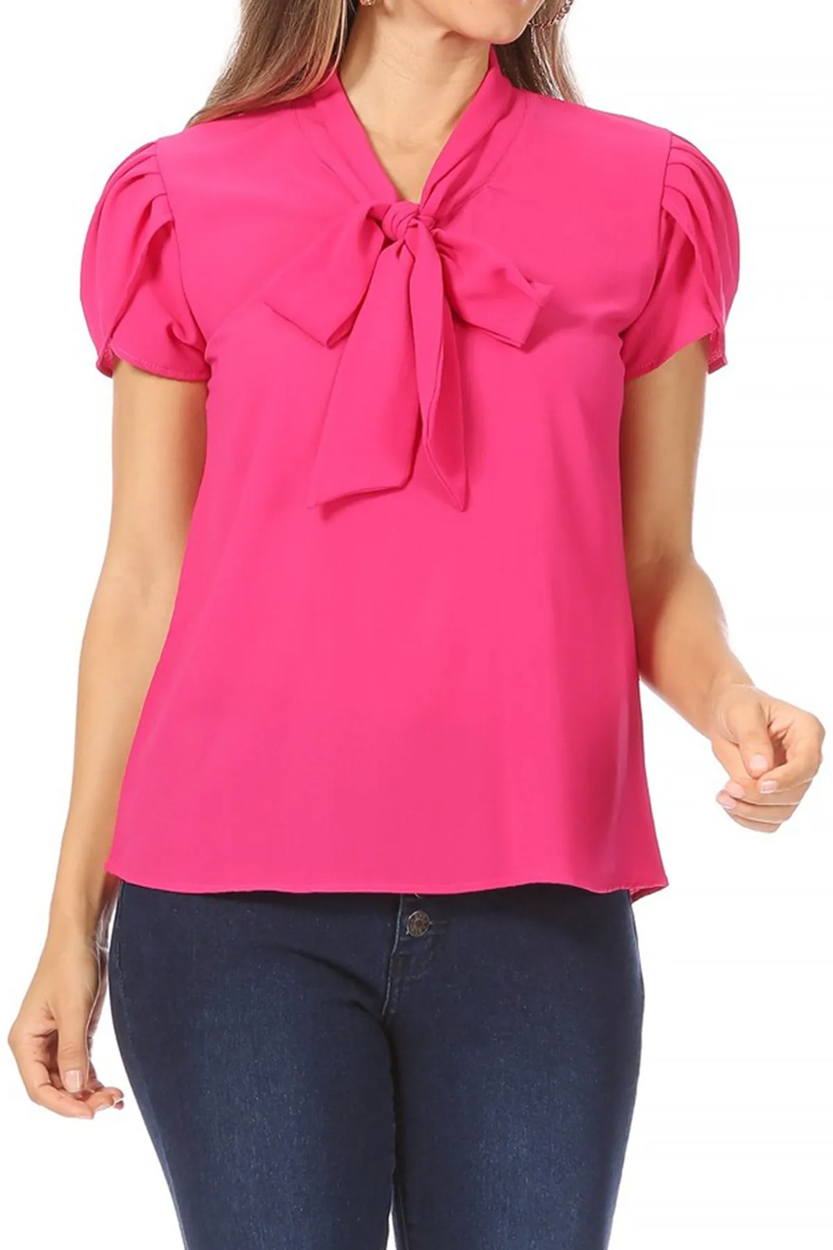Women's Casual Solid Petal Sleeve Bow Tie Neck Short Sleeve Blouse Shirt Top