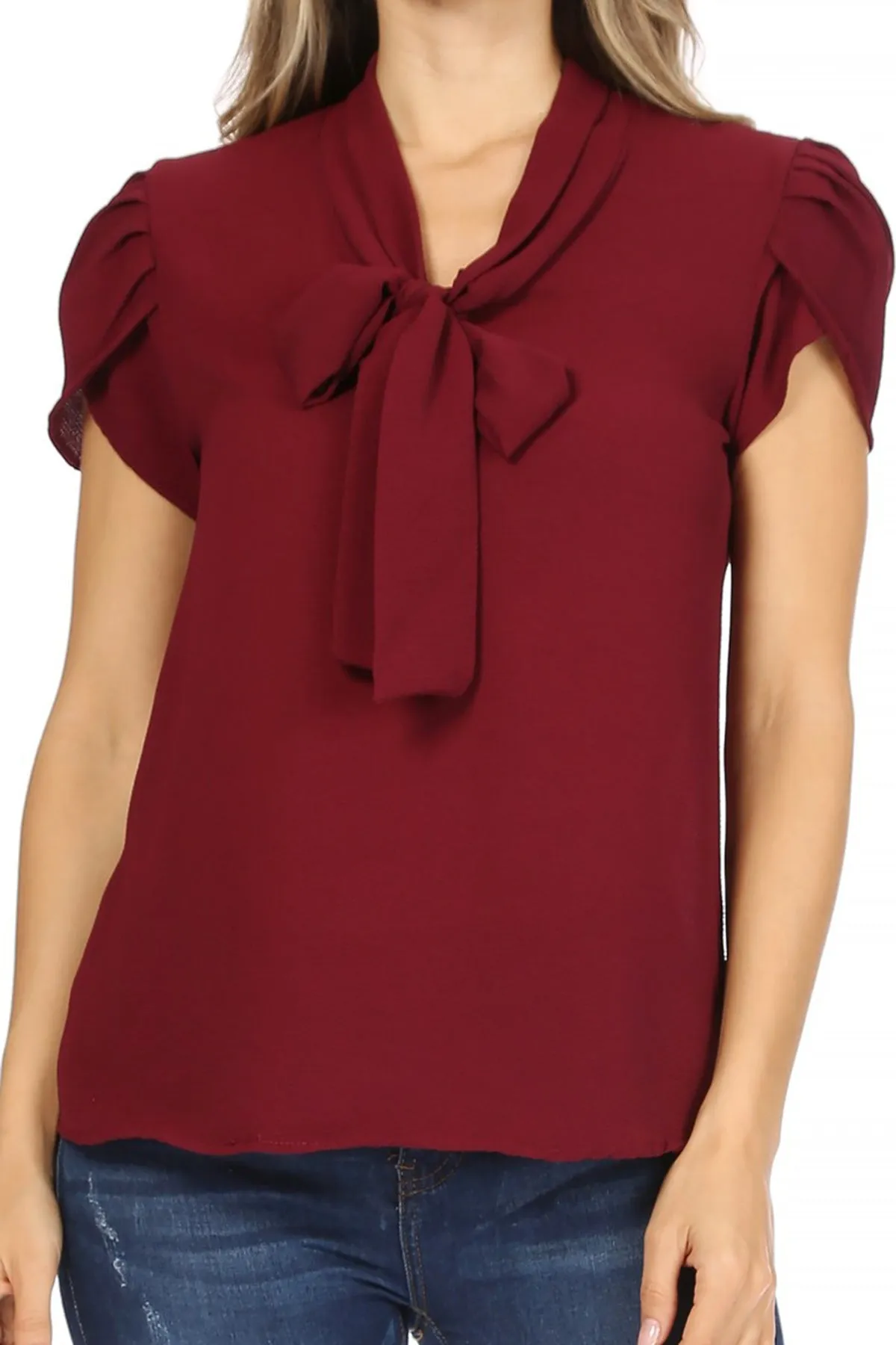 Women's Casual Solid Petal Sleeve Bow Tie Neck Short Sleeve Blouse Shirt Top