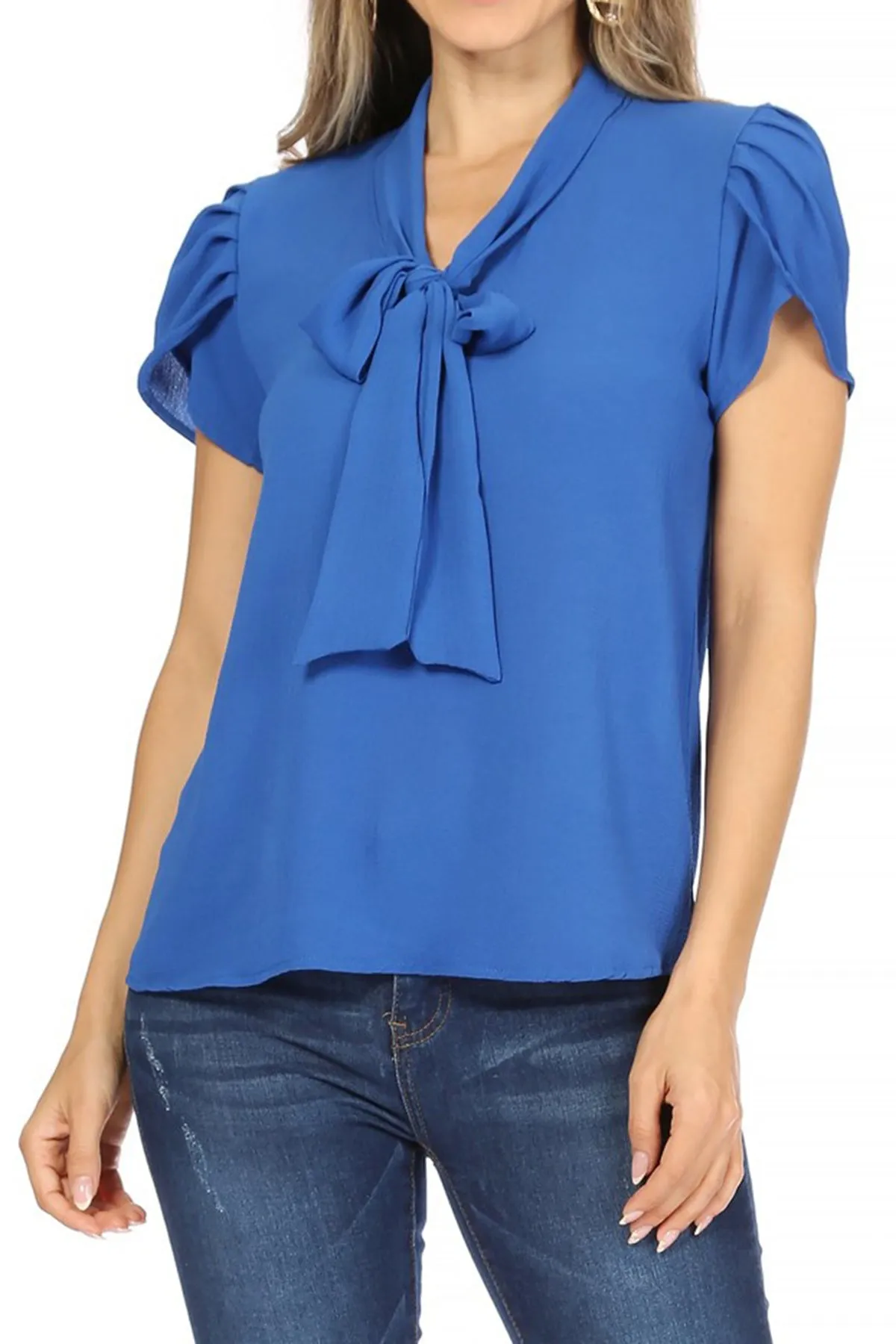 Women's Casual Solid Petal Sleeve Bow Tie Neck Short Sleeve Blouse Shirt Top
