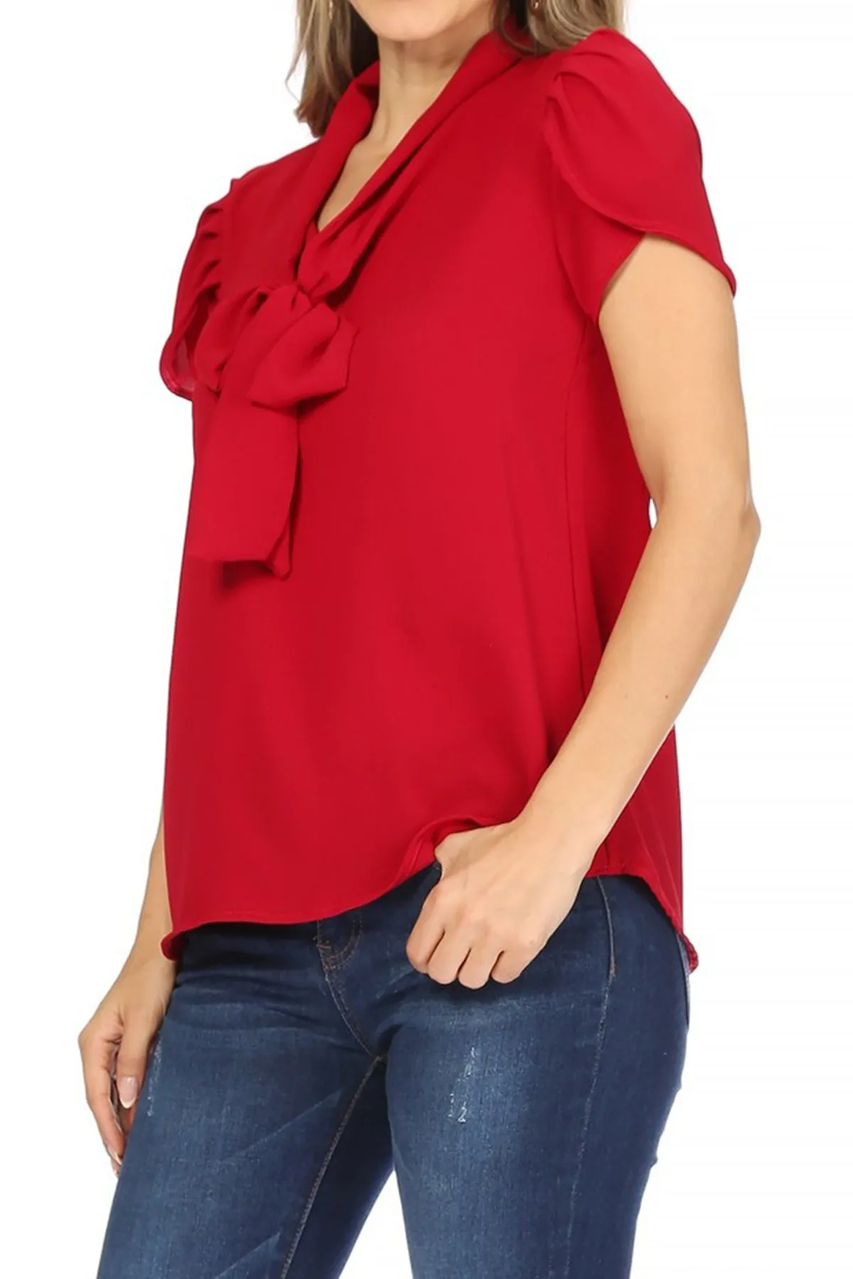 Women's Casual Solid Petal Sleeve Bow Tie Neck Short Sleeve Blouse Shirt Top