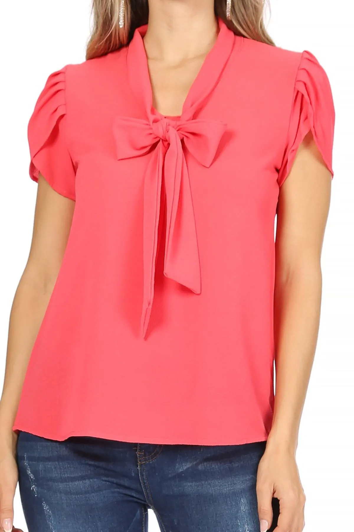 Women's Casual Solid Petal Sleeve Bow Tie Neck Short Sleeve Blouse Shirt Top