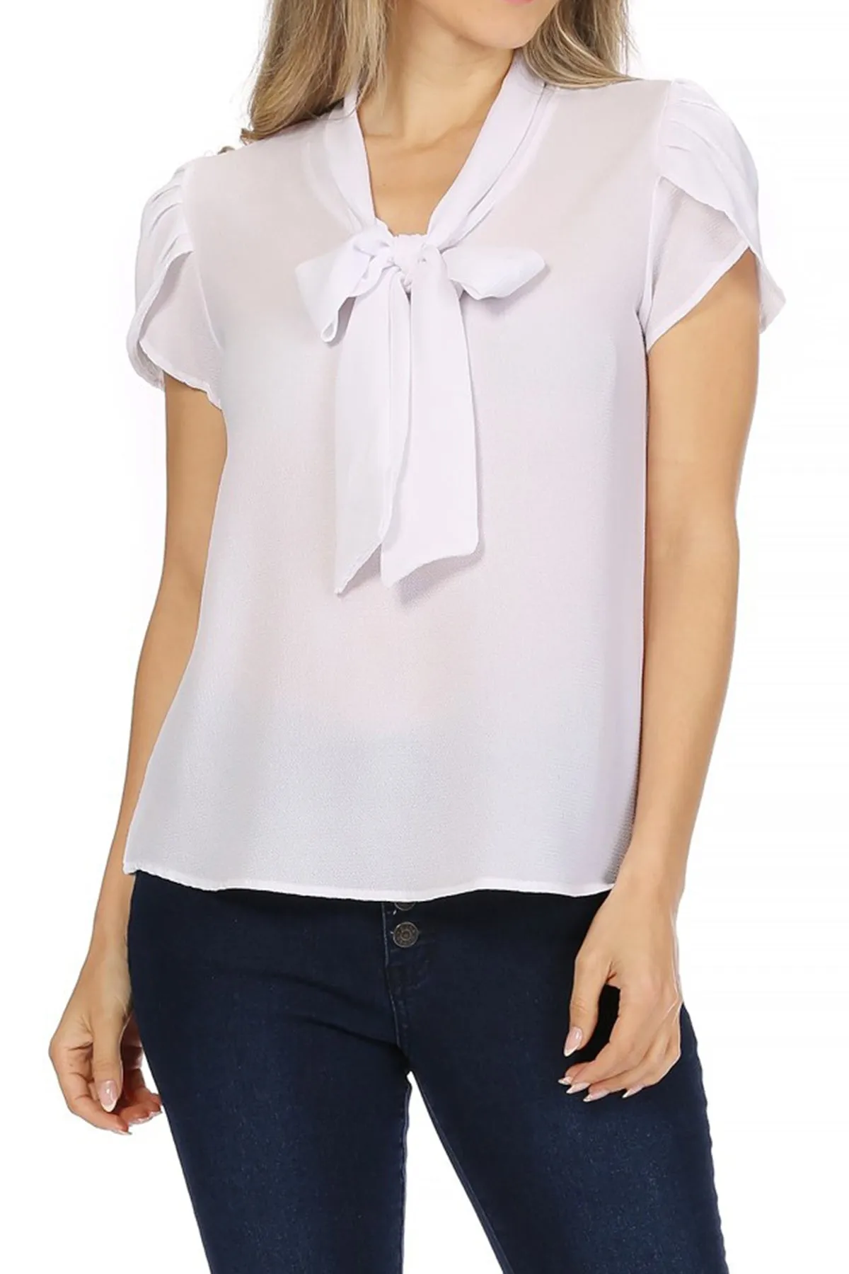Women's Casual Solid Petal Sleeve Bow Tie Neck Short Sleeve Blouse Shirt Top