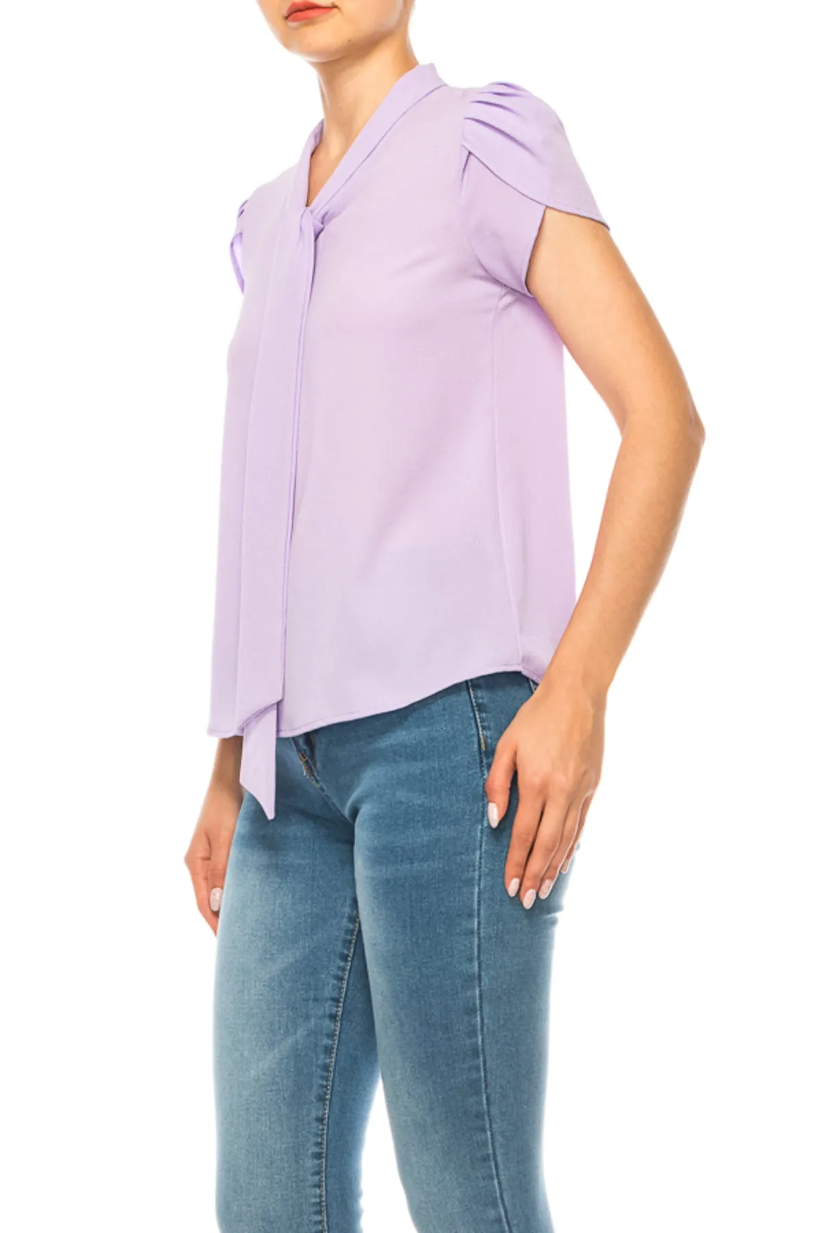 Women's Casual Solid Petal Sleeve Bow Tie Neck Short Sleeve Blouse Shirt Top