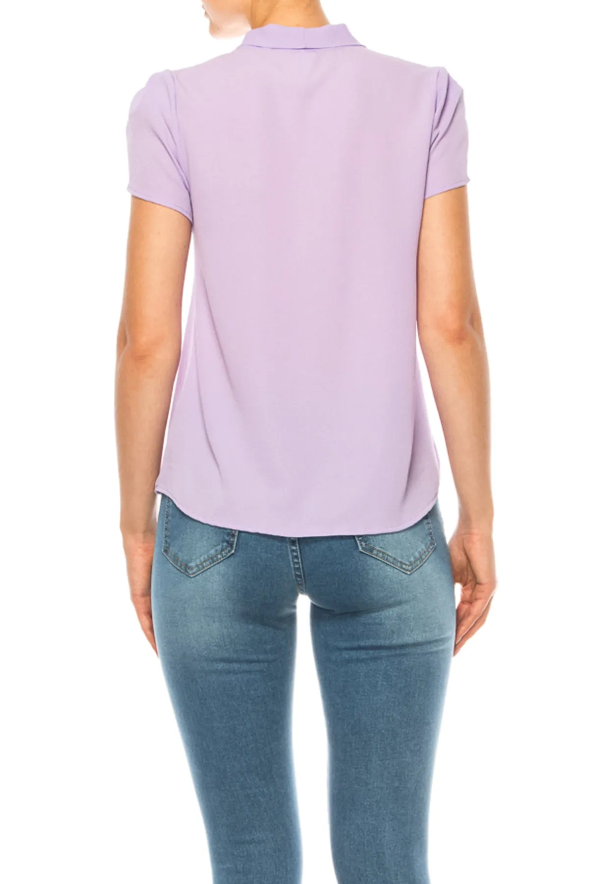 Women's Casual Solid Petal Sleeve Bow Tie Neck Short Sleeve Blouse Shirt Top
