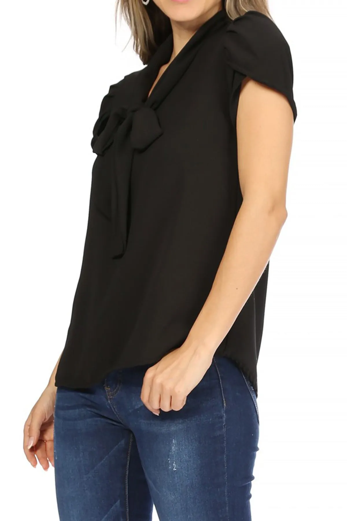 Women's Casual Solid Petal Sleeve Bow Tie Neck Short Sleeve Blouse Shirt Top