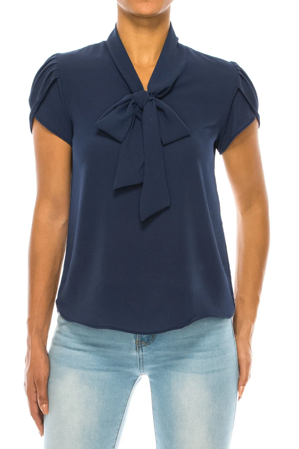 Women's Casual Solid Petal Sleeve Bow Tie Neck Short Sleeve Blouse Shirt Top