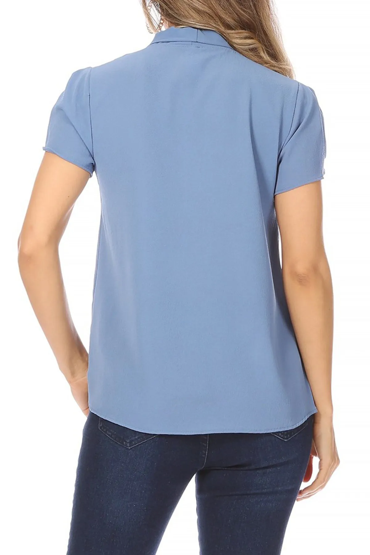 Women's Casual Solid Petal Sleeve Bow Tie Neck Short Sleeve Blouse Shirt Top