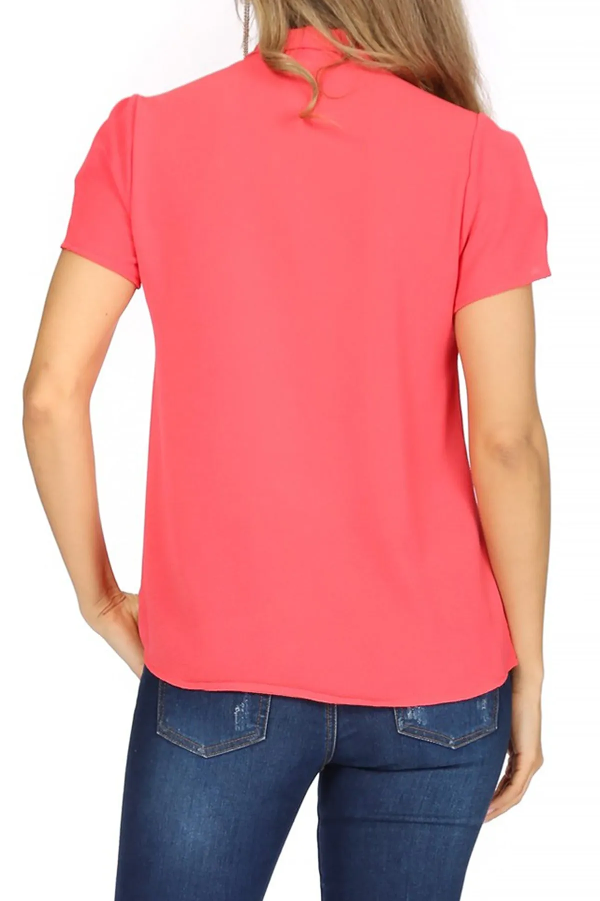 Women's Casual Solid Petal Sleeve Bow Tie Neck Short Sleeve Blouse Shirt Top