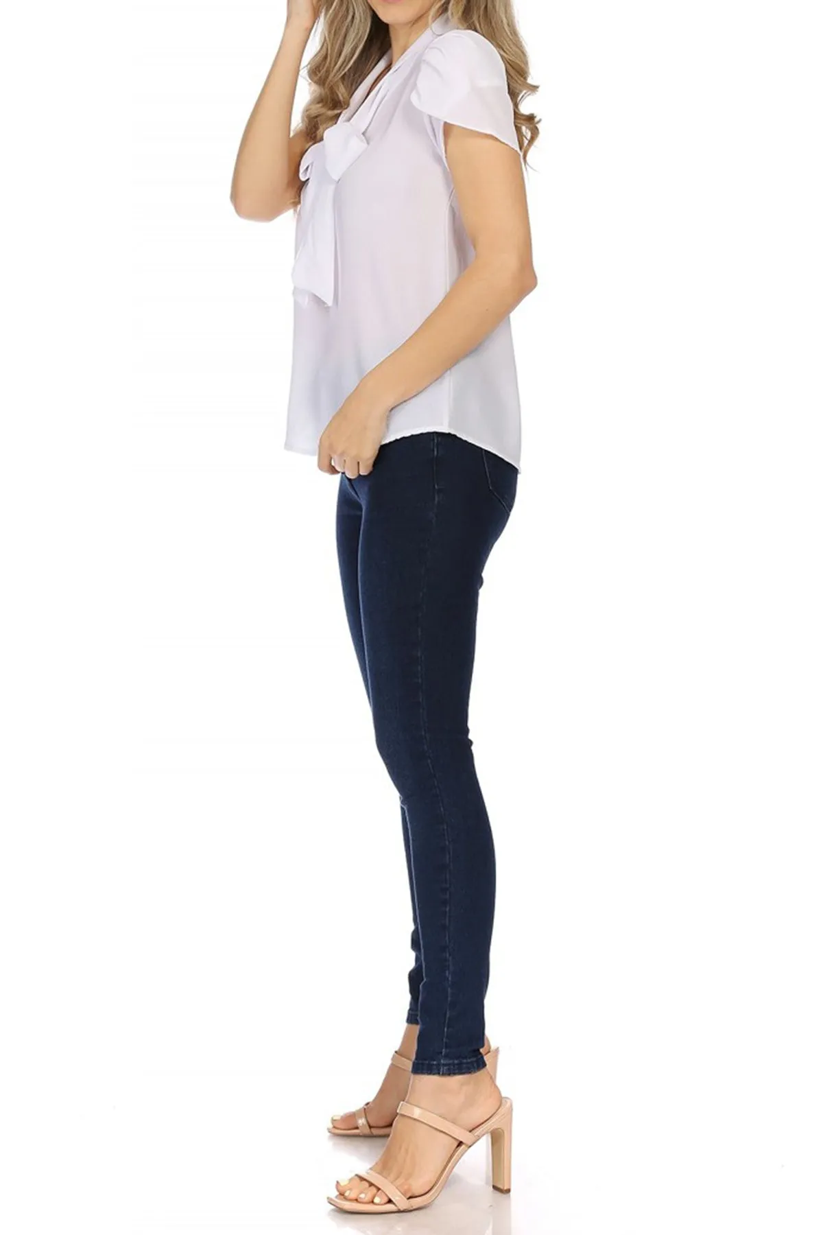 Women's Casual Solid Petal Sleeve Bow Tie Neck Short Sleeve Blouse Shirt Top