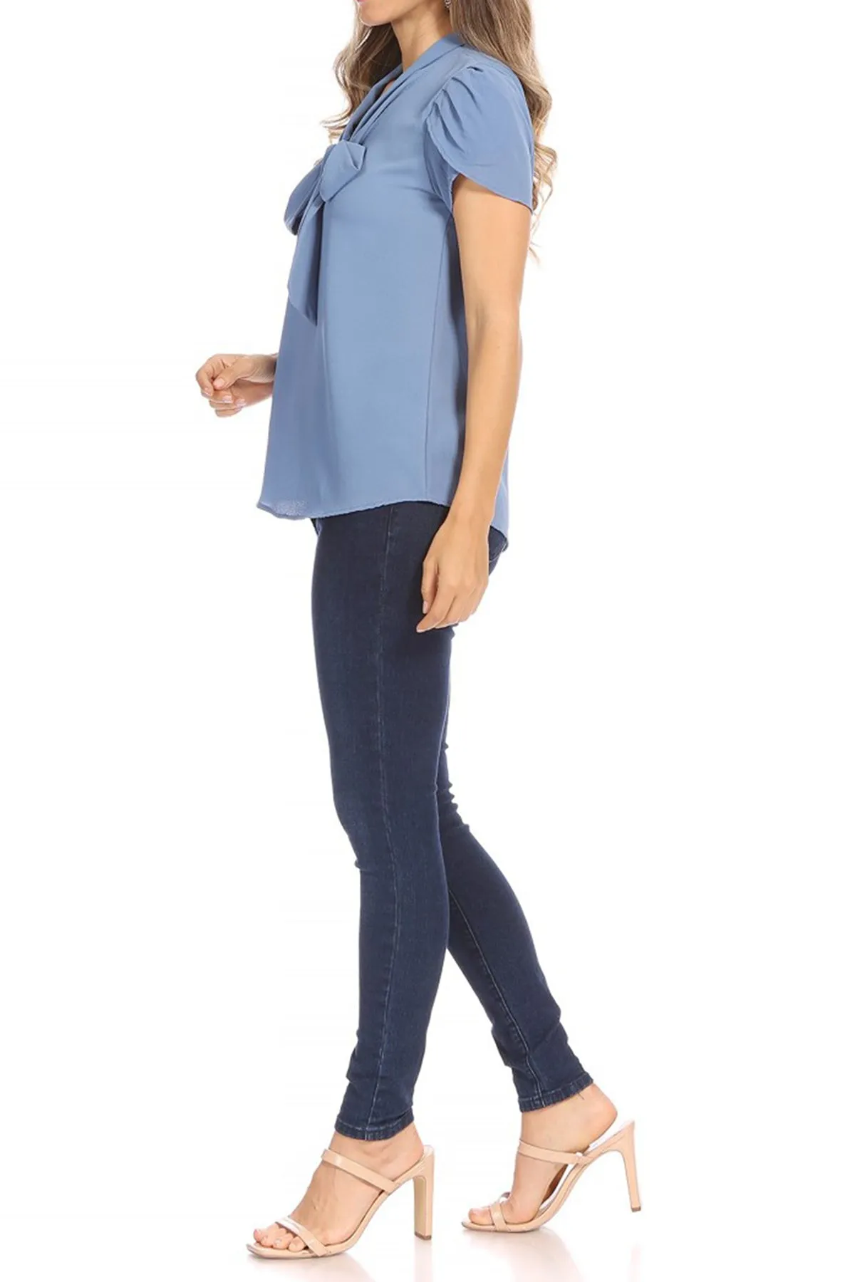 Women's Casual Solid Petal Sleeve Bow Tie Neck Short Sleeve Blouse Shirt Top
