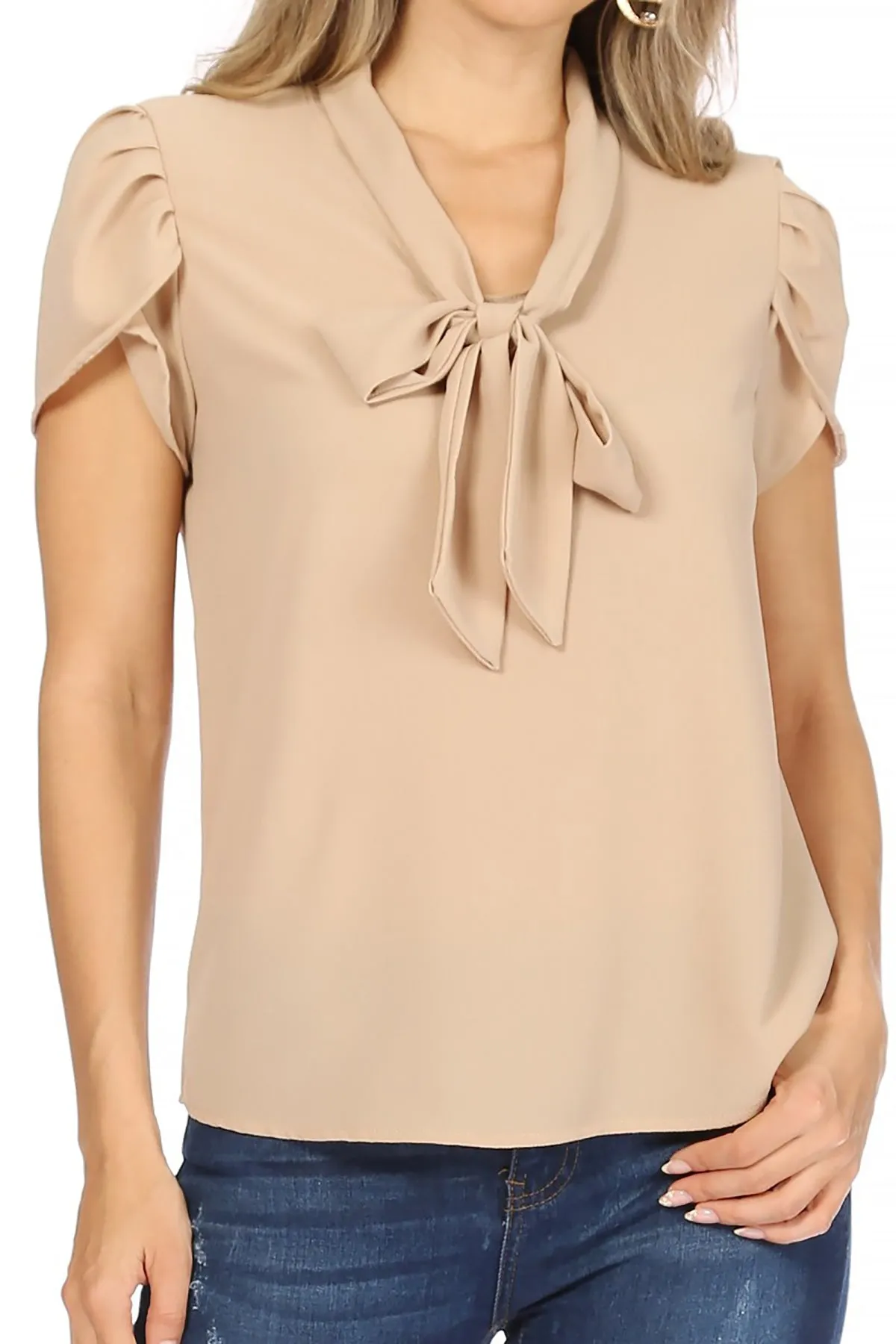 Women's Casual Solid Petal Sleeve Bow Tie Neck Short Sleeve Blouse Shirt Top