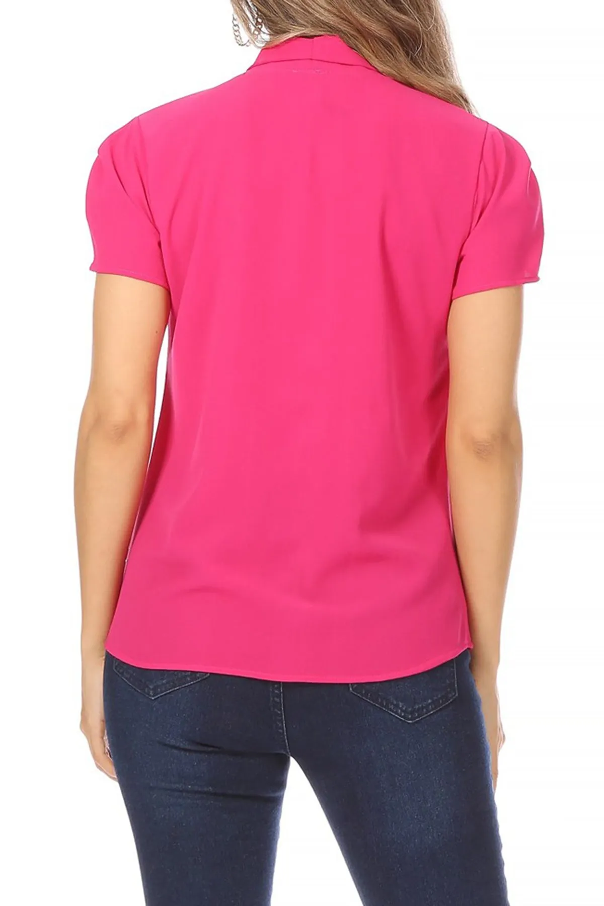 Women's Casual Solid Petal Sleeve Bow Tie Neck Short Sleeve Blouse Shirt Top