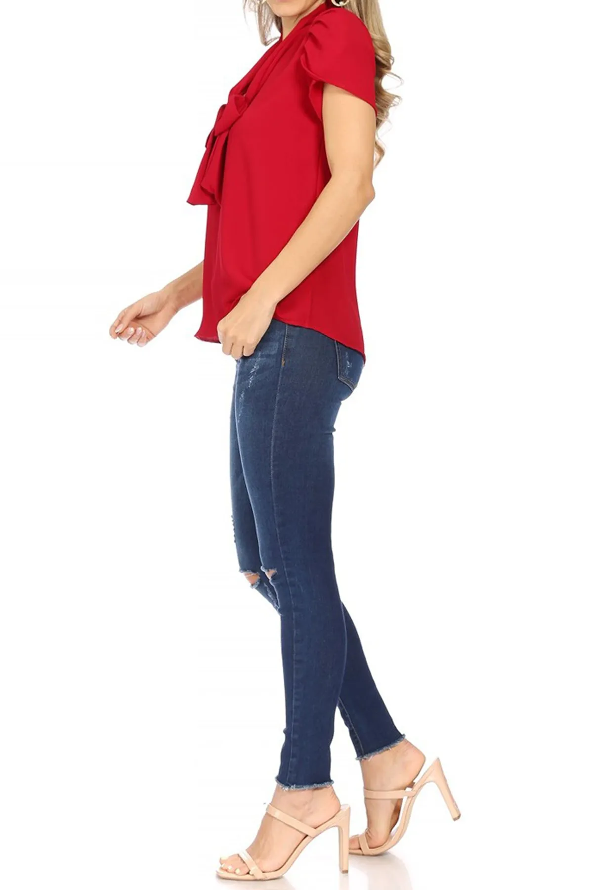 Women's Casual Solid Petal Sleeve Bow Tie Neck Short Sleeve Blouse Shirt Top